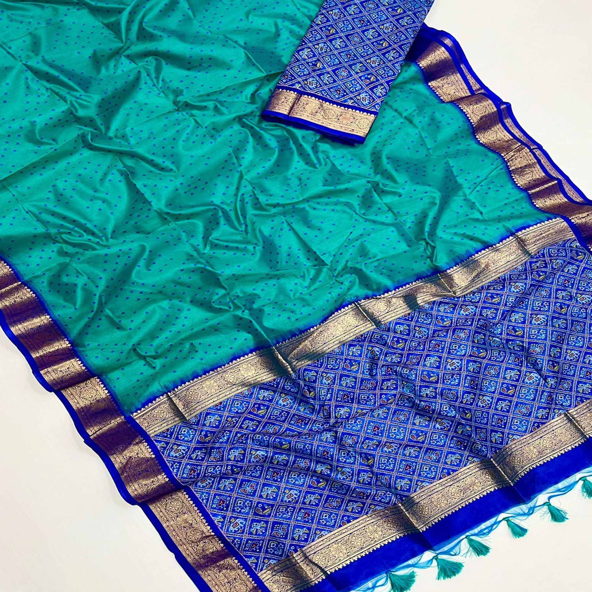 Rama Green Weaved Patola Tussar Silk Saree With Tassels