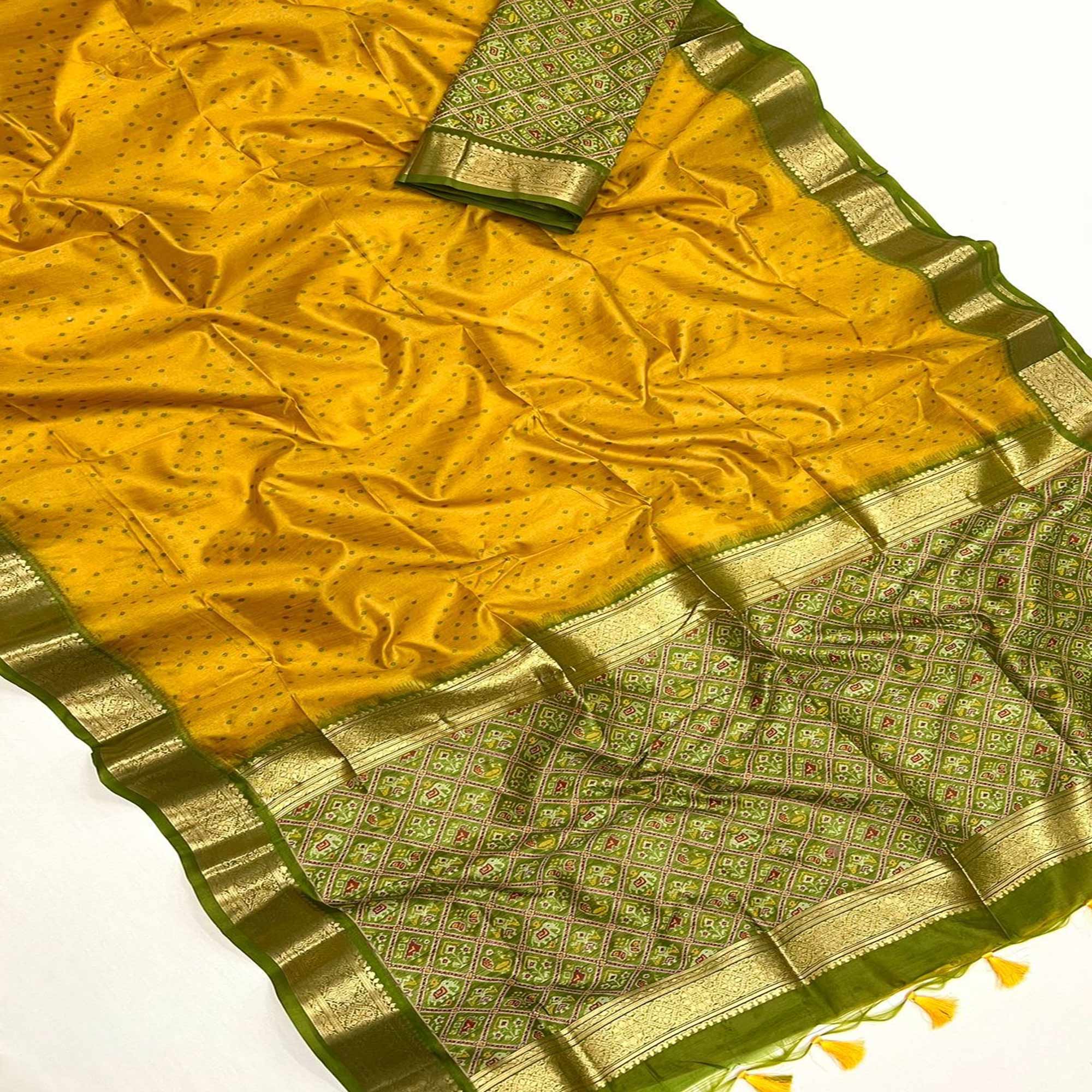 Mustard Weaved Patola Tussar Silk Saree With Tassels