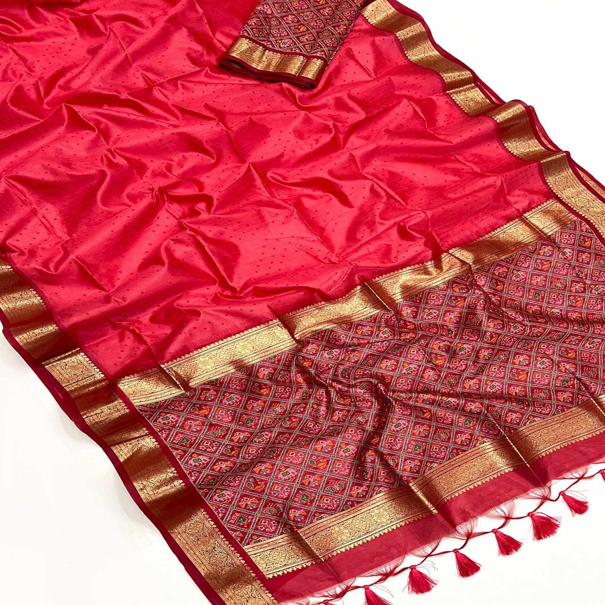 Gajri Pink Weaved Patola Tussar Silk Saree With Tassels