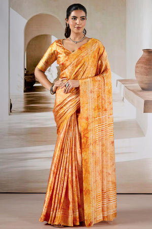 Luxury Mustard Abstract Prism Print Modal Satin Saree Featuring Artistic Work