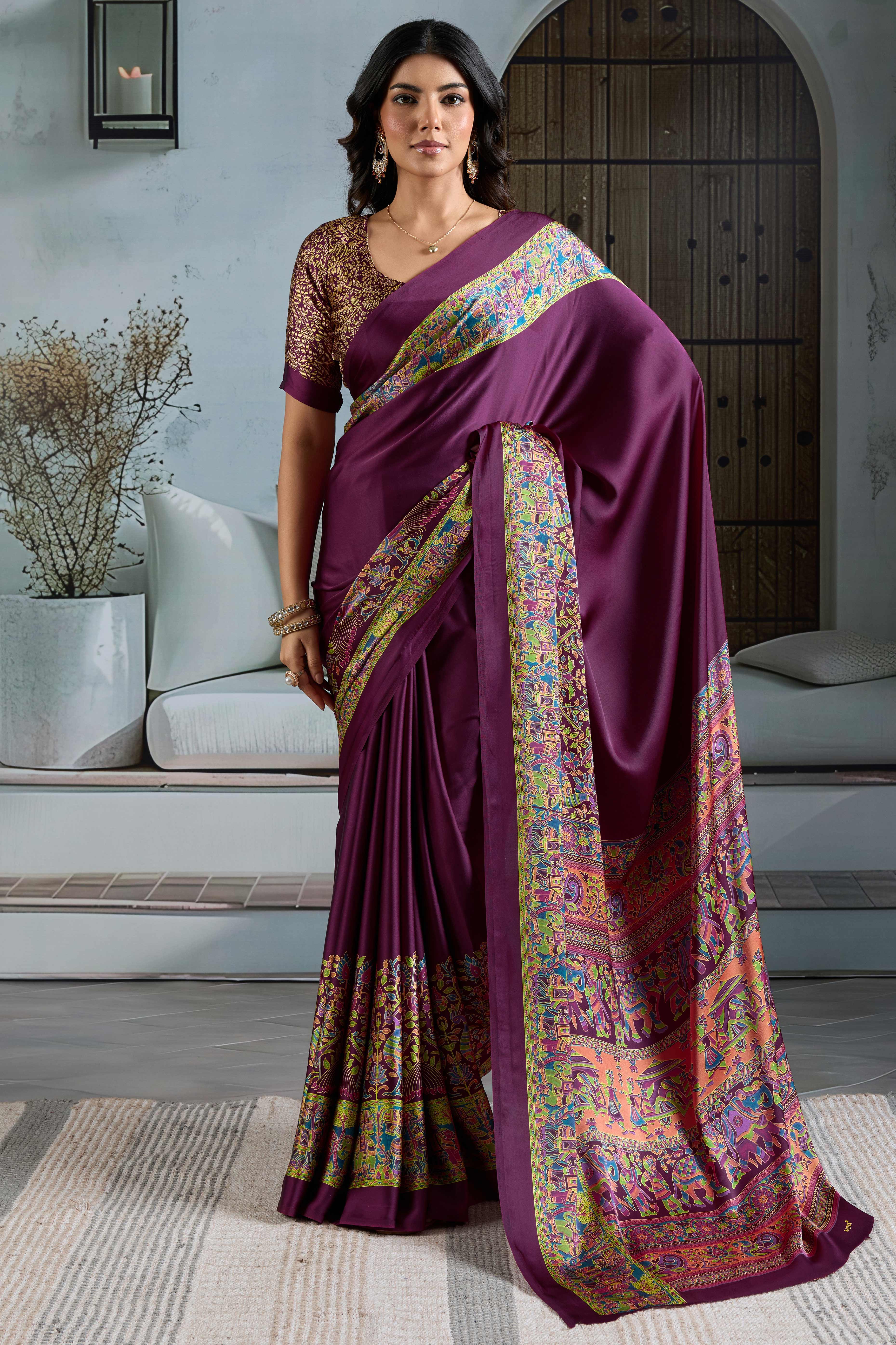 Classic Wine Solid Modal Satin Saree With Multicolor Traditional Folk Art Printed Border & Pallu