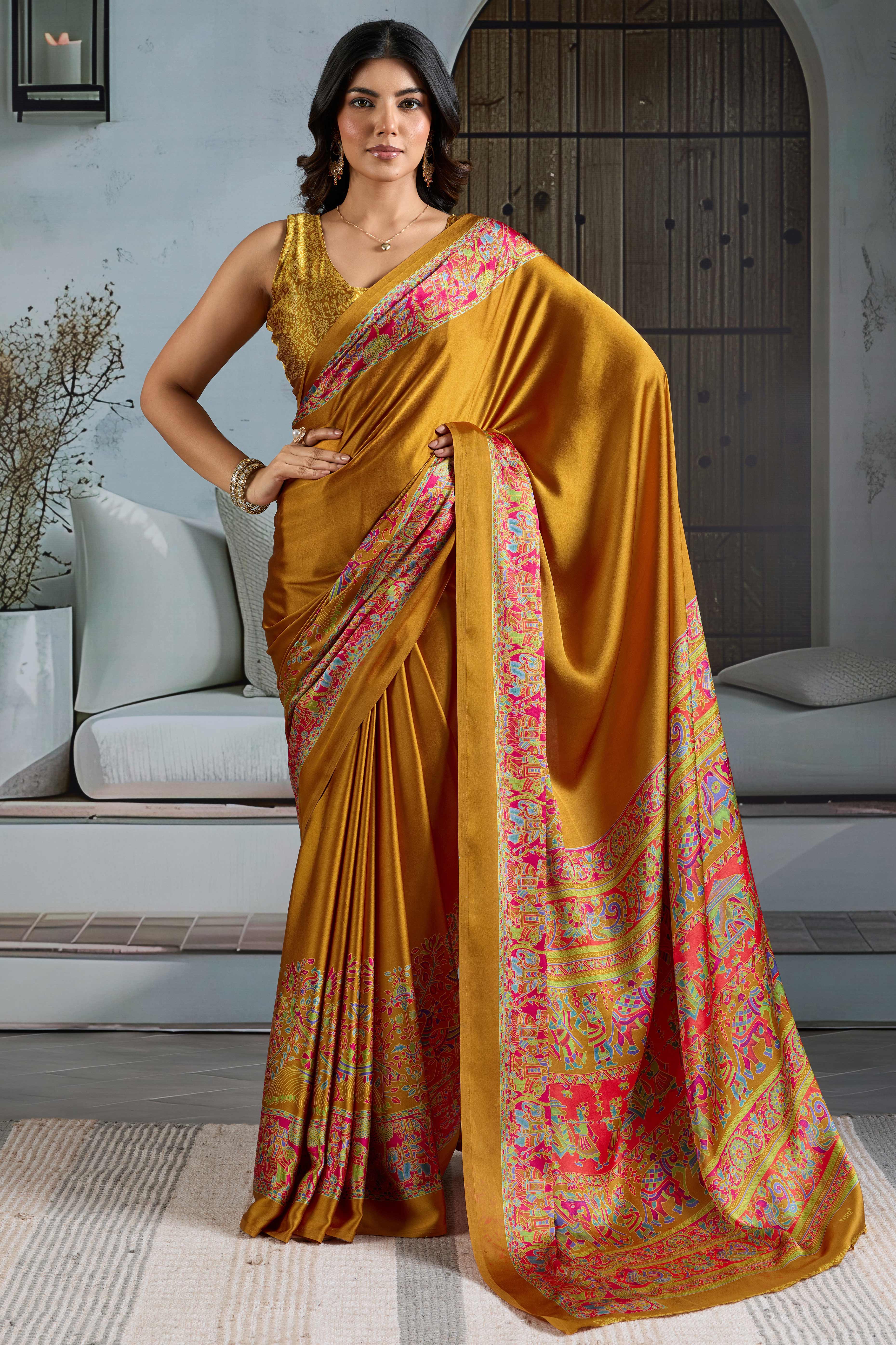 Classic Mustard Solid Modal Satin Saree With Multicolor Traditional Folk Art Printed Border & Pallu