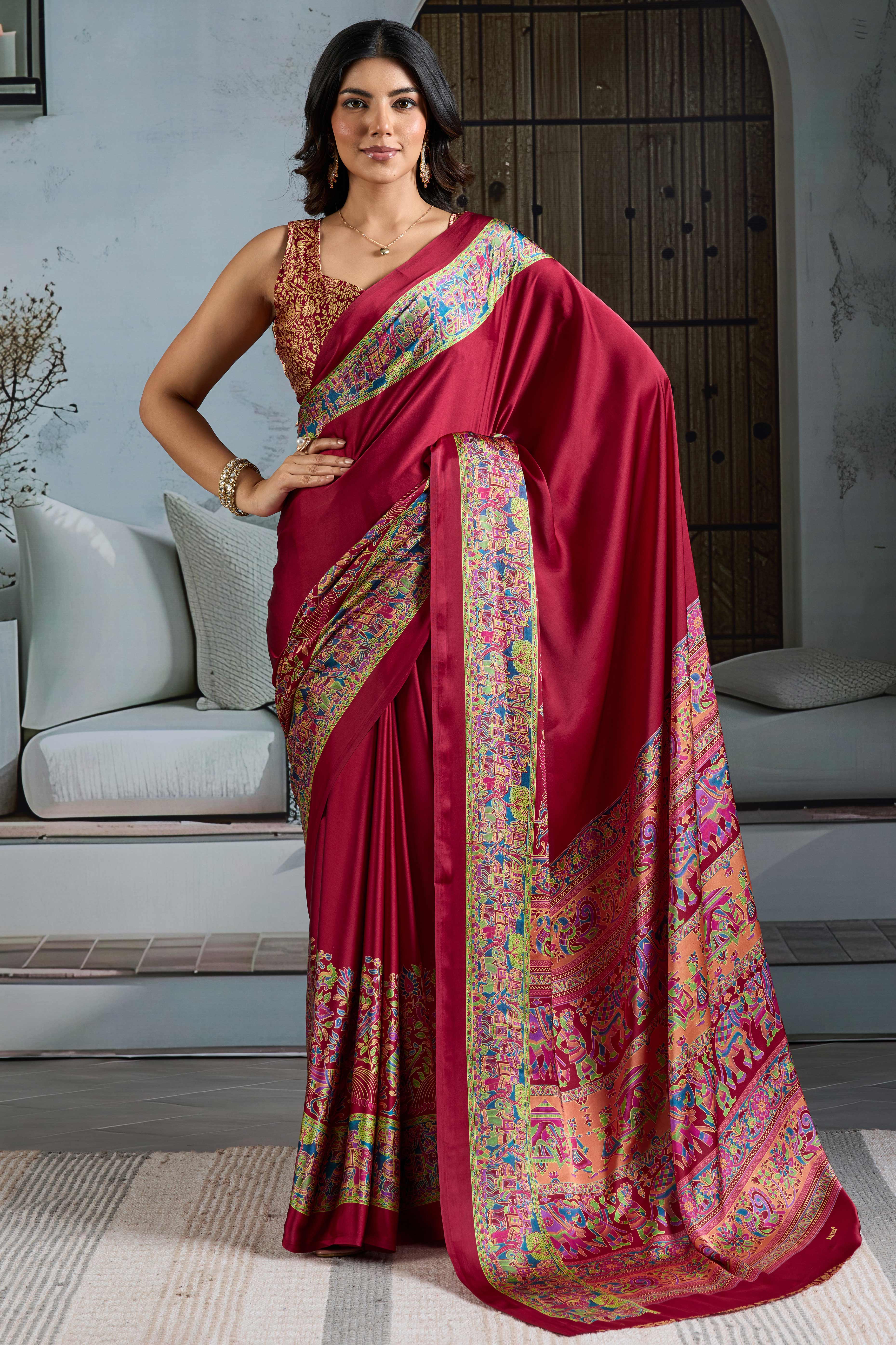 Classic Maroon Solid Modal Satin Saree With Multicolor Traditional Folk Art Printed Border & Pallu