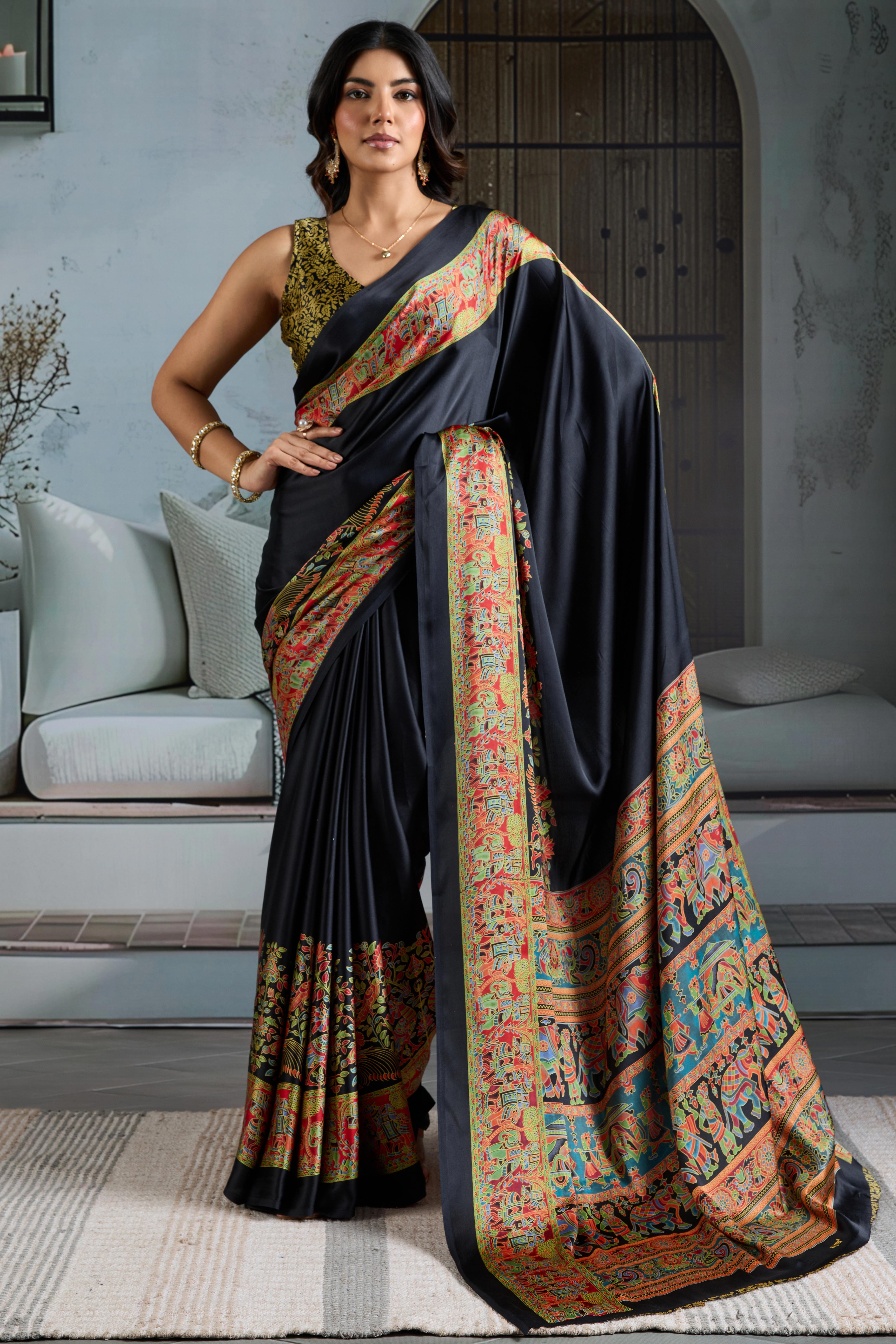 Classic Black Solid Modal Satin Saree With Multicolor Traditional Folk Art Printed Border & Pallu