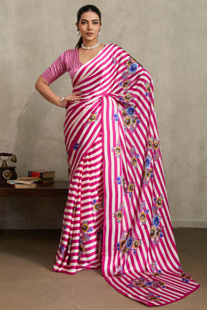 Pink Elegant Ajrakh Printed Modal Satin Saree Designed for Festive & Party Occasions