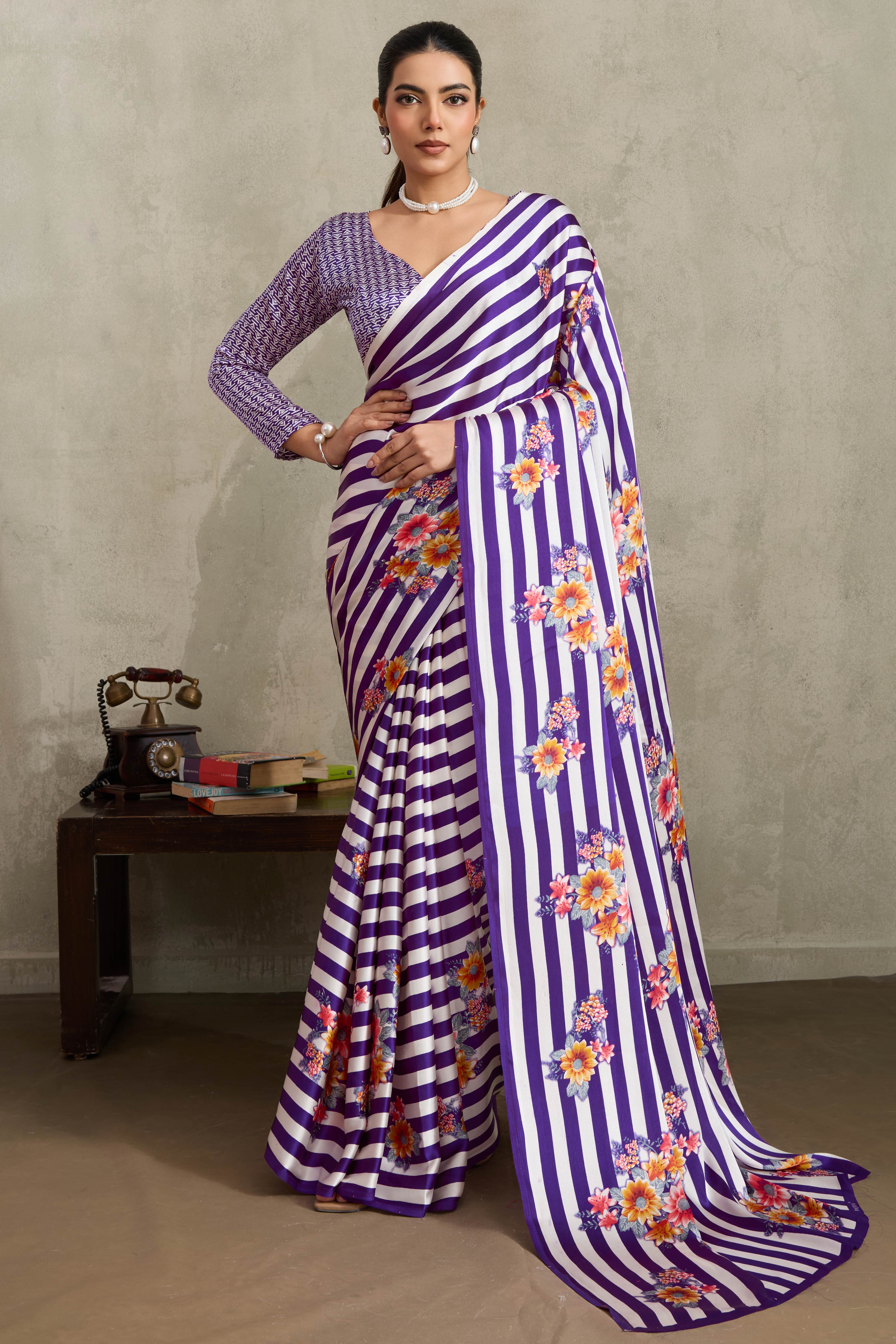 Purple Elegant Ajrakh Printed Modal Satin Saree Designed for Festive & Party Occasions