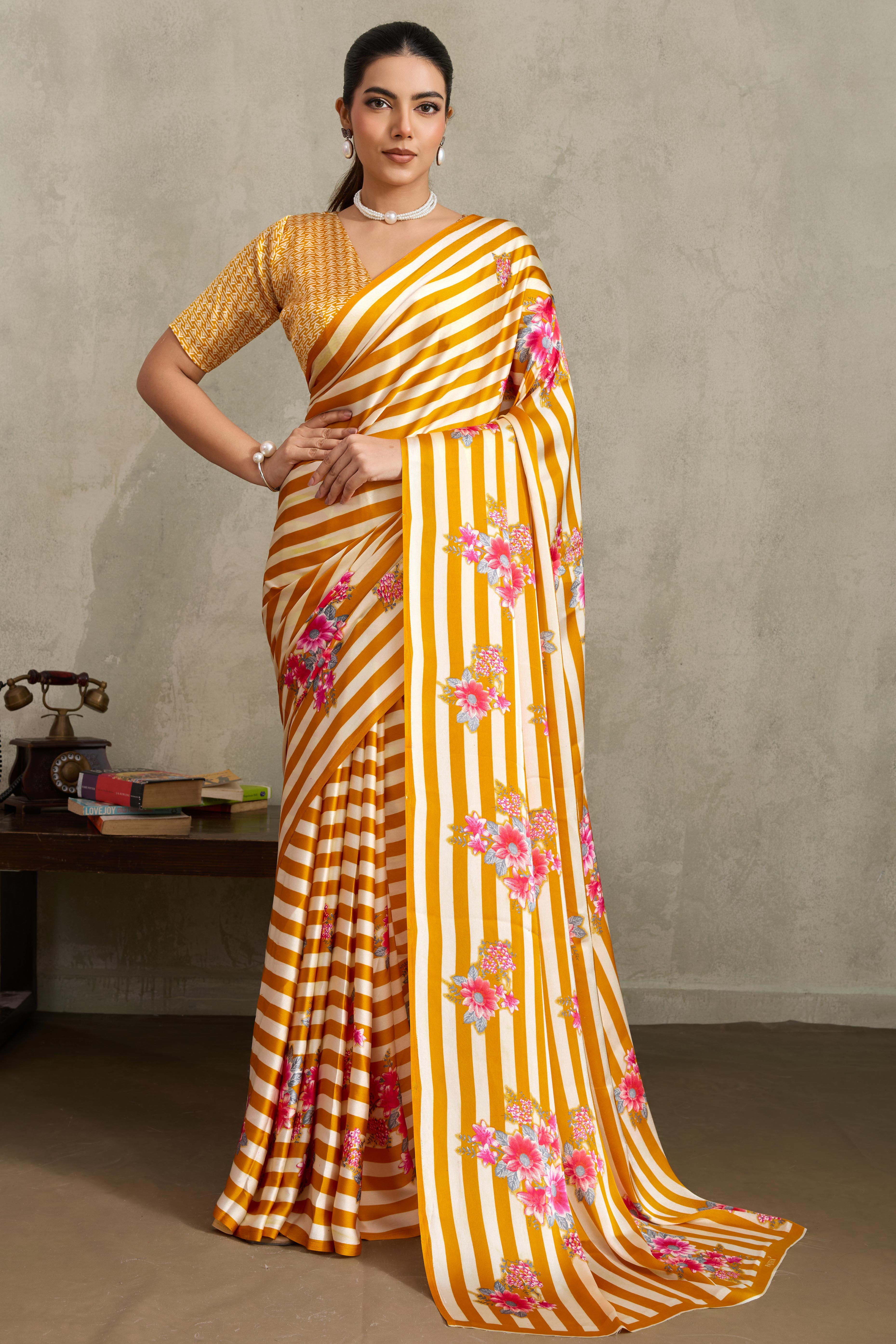 Mustard Elegant Ajrakh Printed Modal Satin Saree Designed for Festive & Party Occasions