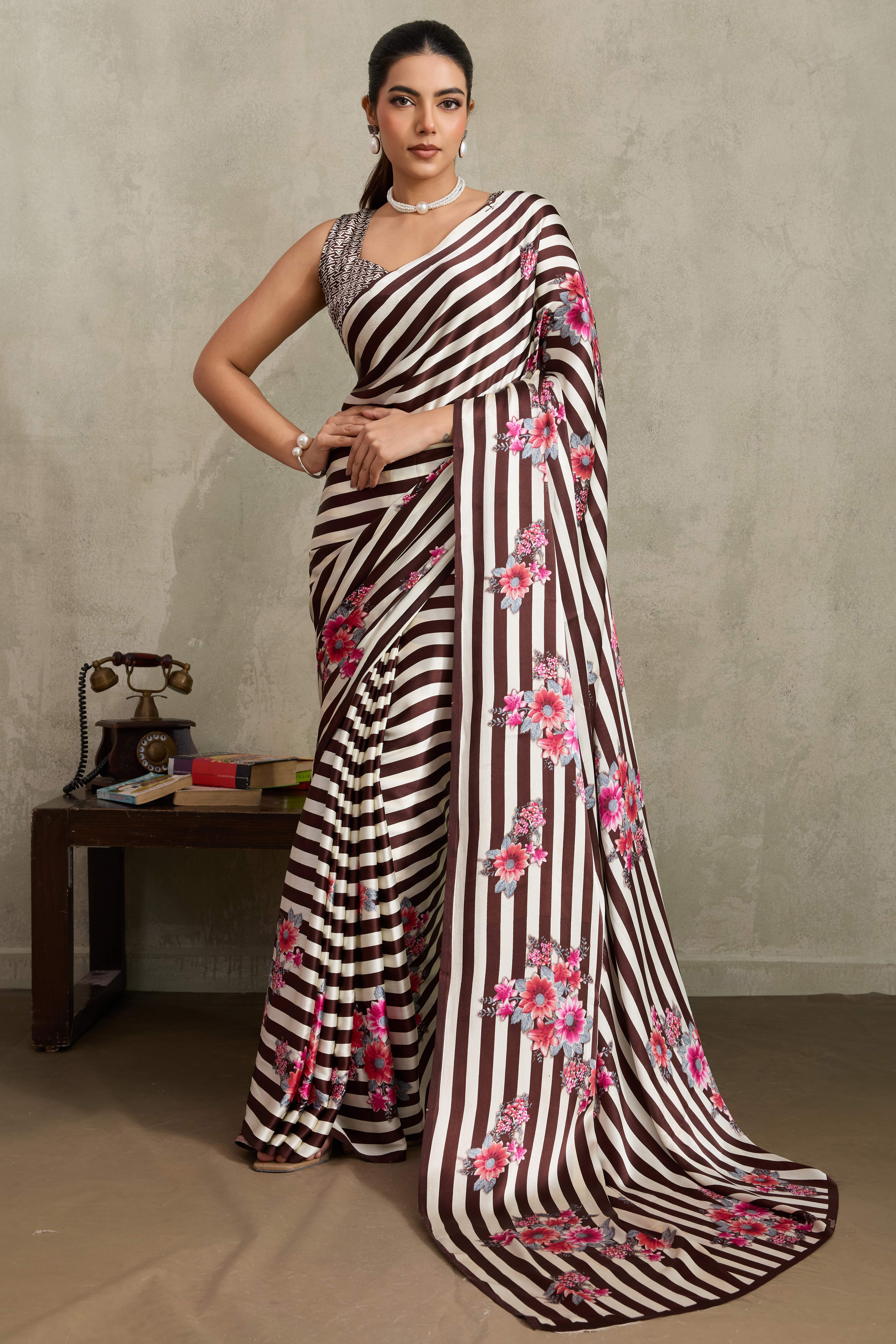 Brown Elegant Ajrakh Printed Modal Satin Saree Designed for Festive & Party Occasions