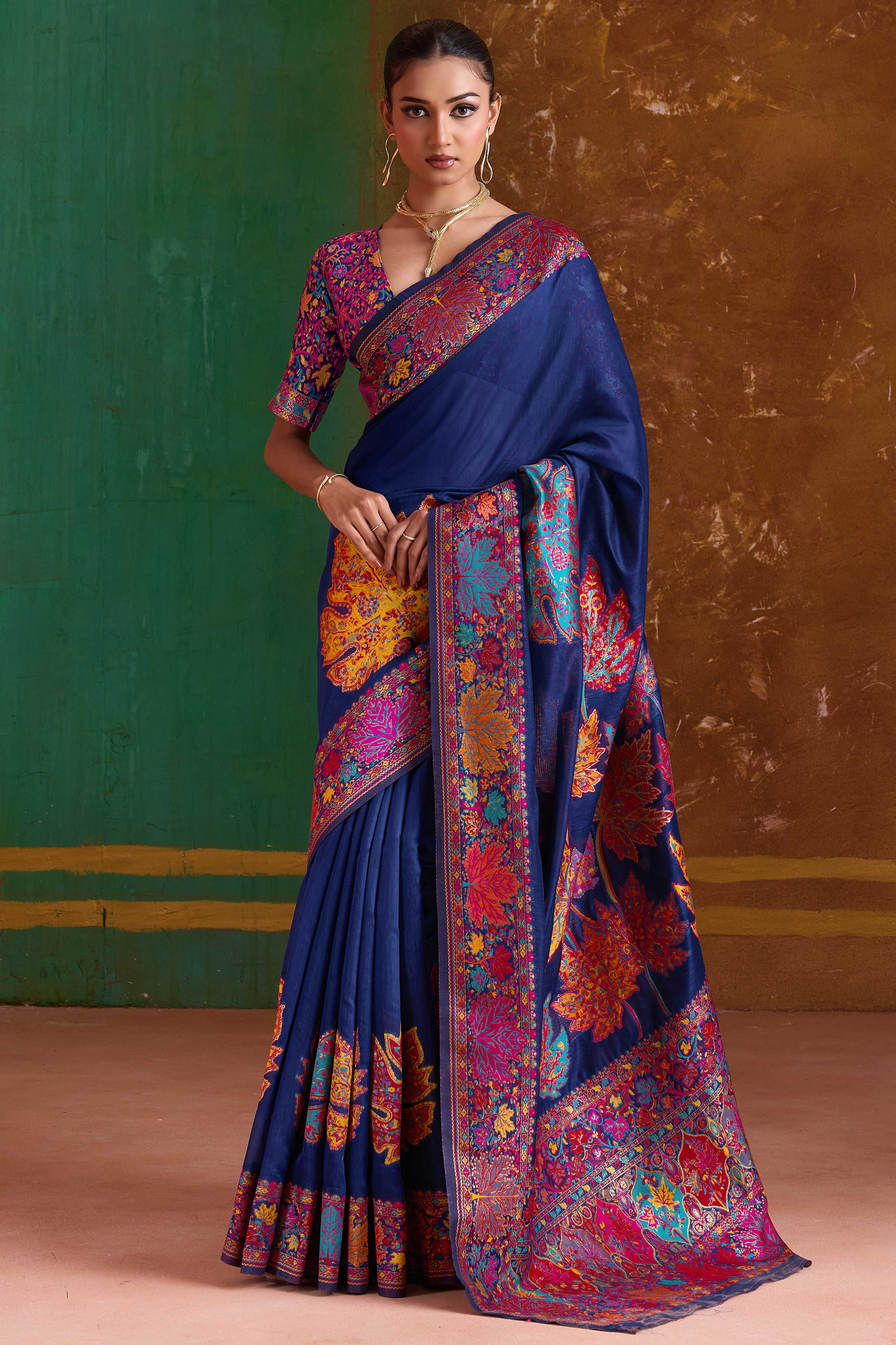 Luxurious Navy Blue Leaf Motif Pashmina Weaving Modal Cotton Blend Saree With Refined Appeal