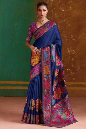 Luxurious Navy Blue Leaf Motif Pashmina Weaving Modal Cotton Blend Saree With Refined Appeal