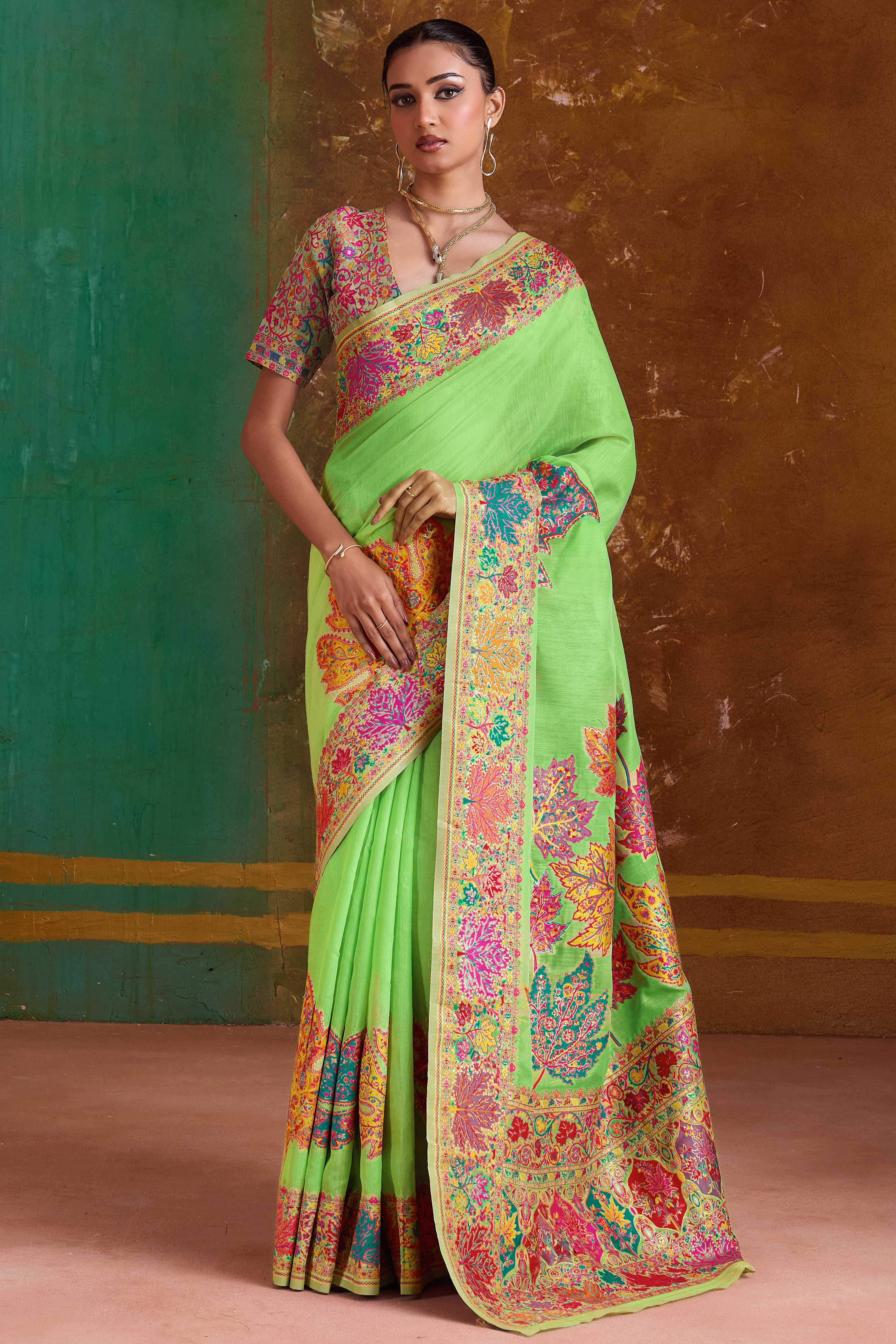 Luxurious Green Leaf Motif Pashmina Weaving Modal Cotton Blend Saree With Refined Appeal
