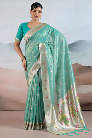 Turquoise Festive Tissue Saree Crafted with Artistic Zari Butti Weaving and a Featherlight Texture