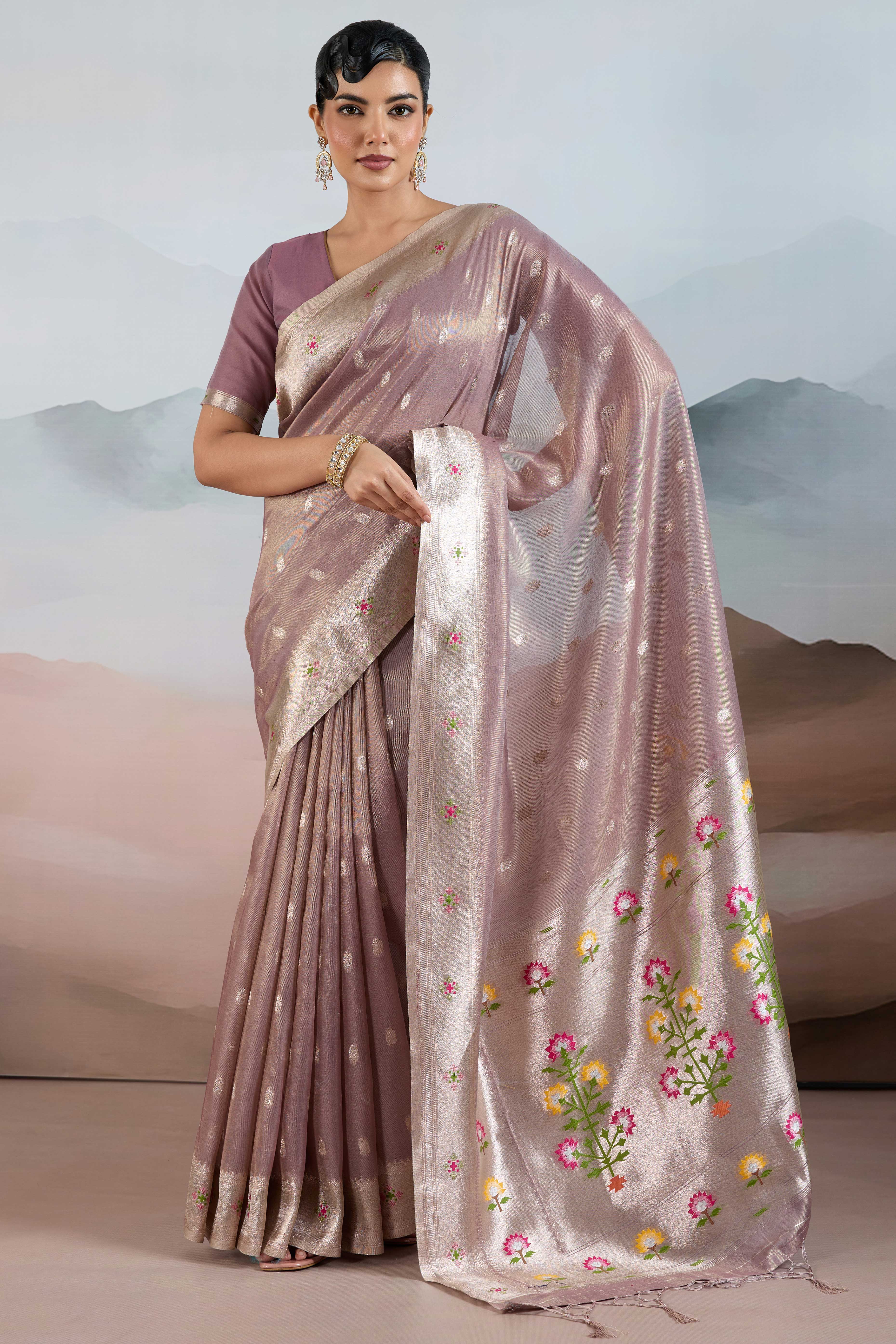 Mauve Festive Tissue Saree Crafted with Artistic Zari Butti Weaving and a Featherlight Texture