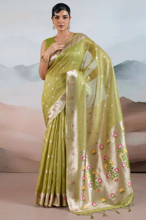 Green Festive Tissue Saree Crafted with Artistic Zari Butti Weaving and a Featherlight Texture