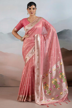 Pink Festive Tissue Saree Crafted with Artistic Zari Butti Weaving and a Featherlight Texture