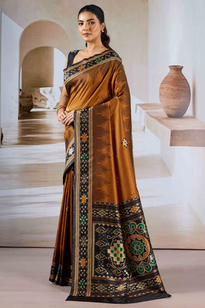 Brown Art Silk Saree Adorned with Intricate Patola Style Woven Designs
