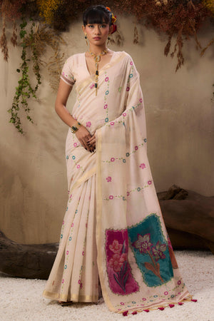 Cream Handloom Munga Cotton Blend Saree with Elegant Floral Weaving