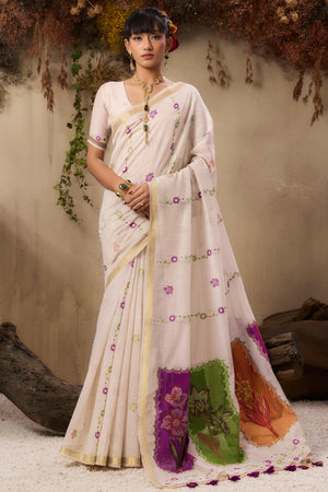 Cream Pure Munga Cotton Blend Saree Adorned with Intricate Floral Weaves