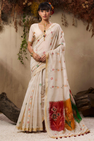 Cream Traditional Handloom Saree in Munga Cotton Blend with Floral Woven Motifs