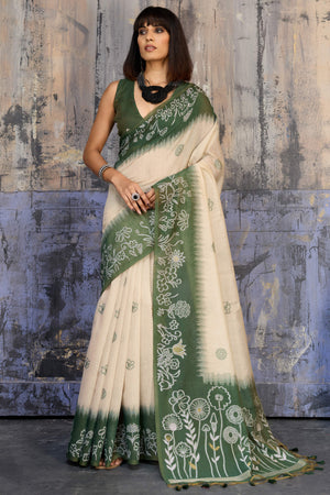 Beige & Green Classic Munga Cotton Blend Saree with Intricate Floral Woven Detailing