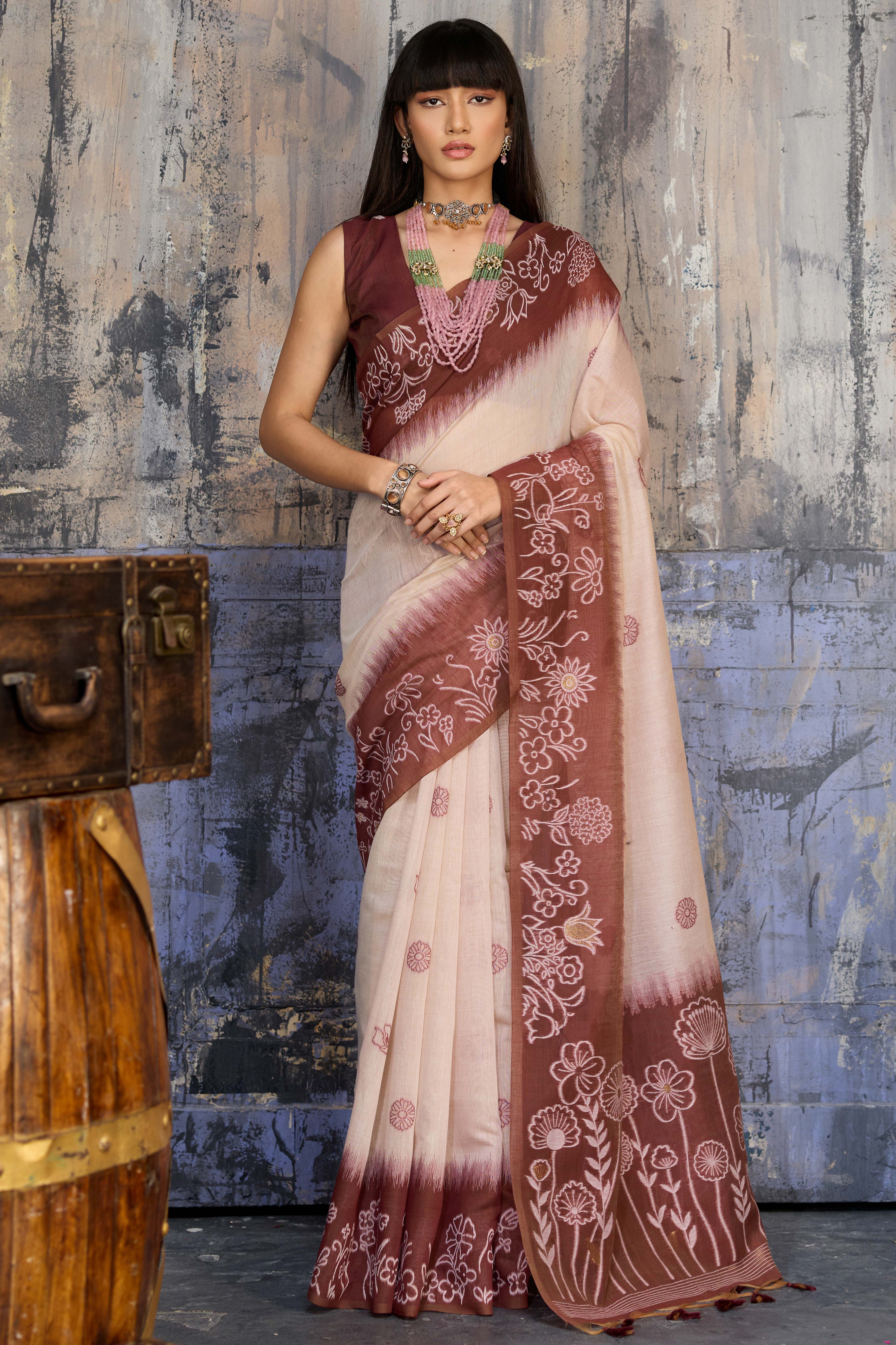 Beige & Brown Classic Munga Cotton Blend Saree with Intricate Floral Woven Detailing