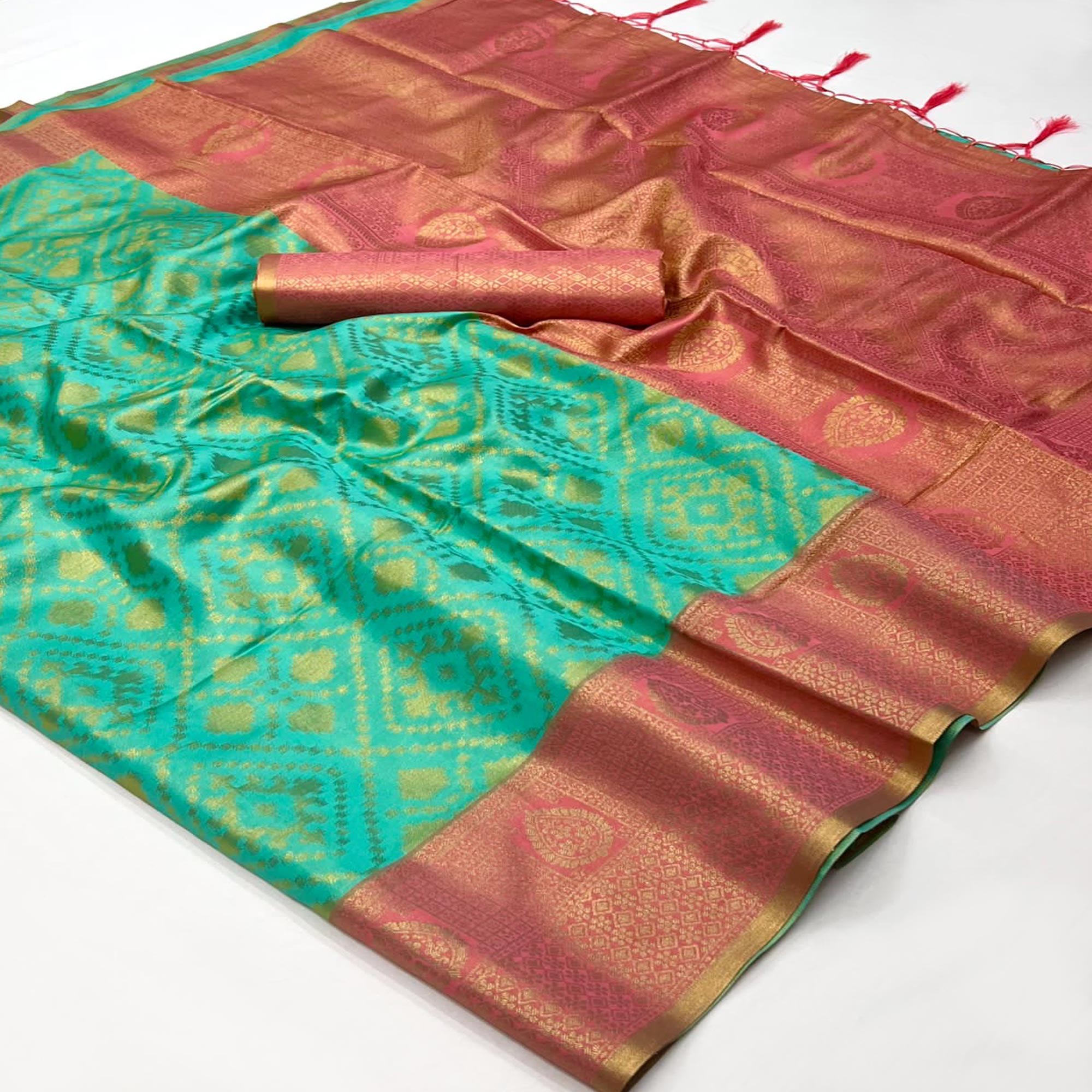 Sea Green Woven Art Silk Saree With Tassels