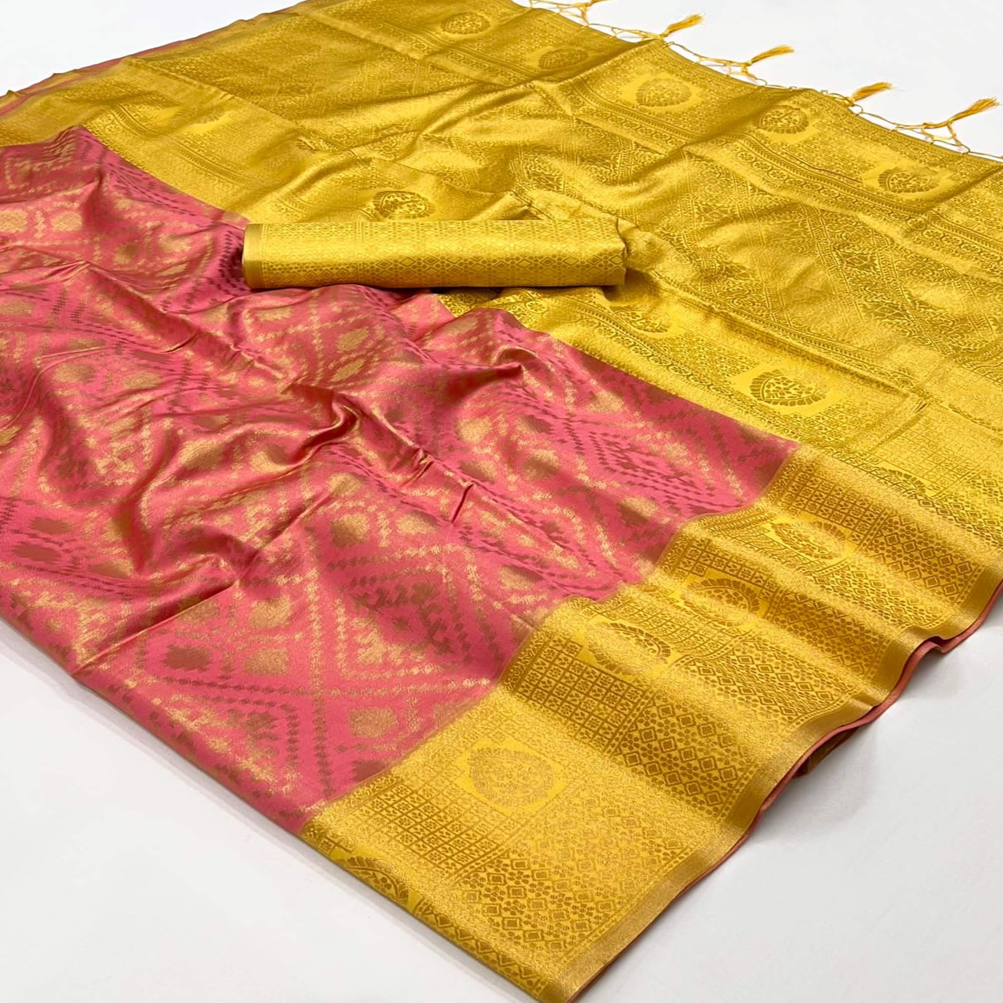 Pink Woven Art Silk Saree With Tassels