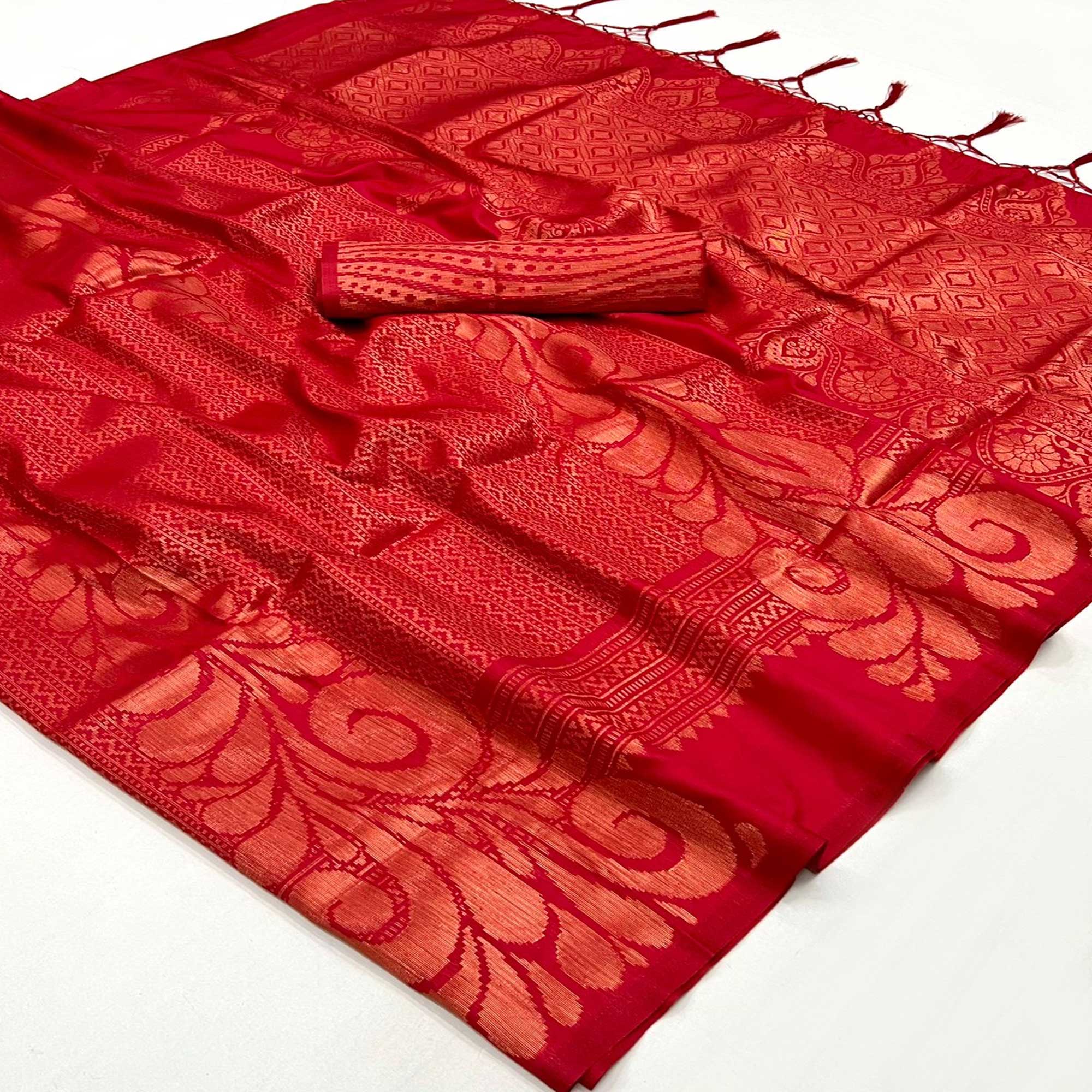 Red Woven Art Silk Saree With Tassels