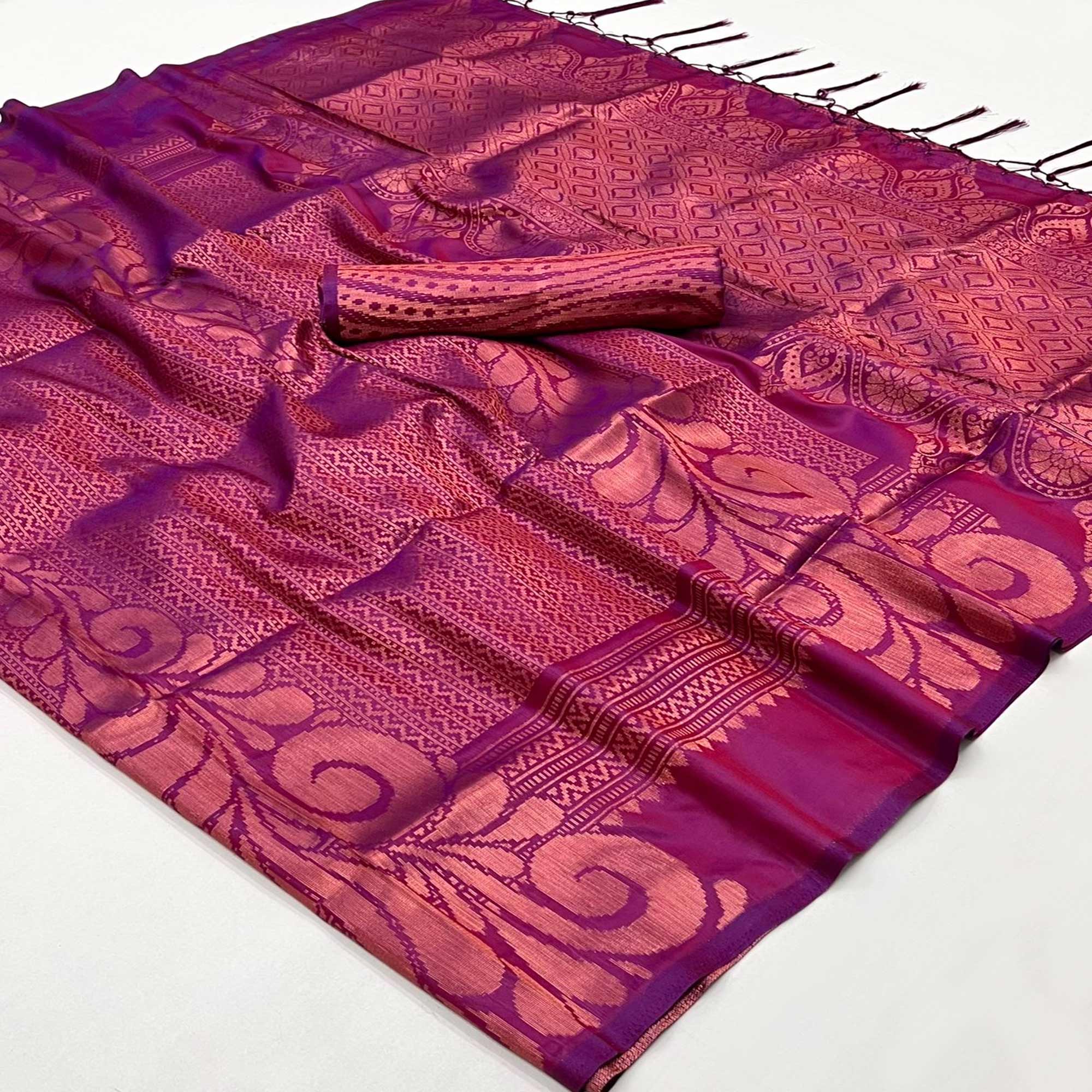 Magenta Purple Woven Art Silk Saree With Tassels