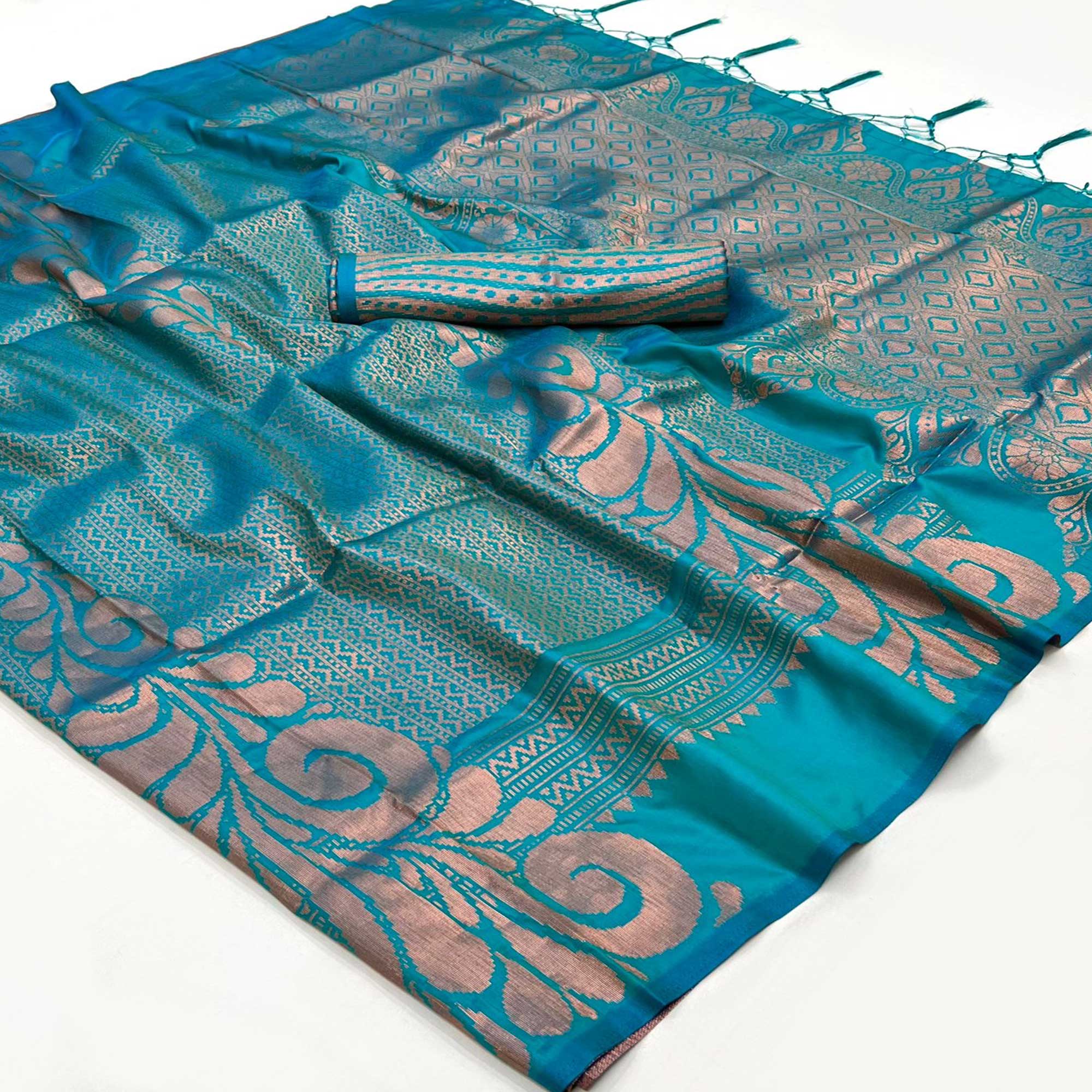 Blue Woven Art Silk Saree With Tassels