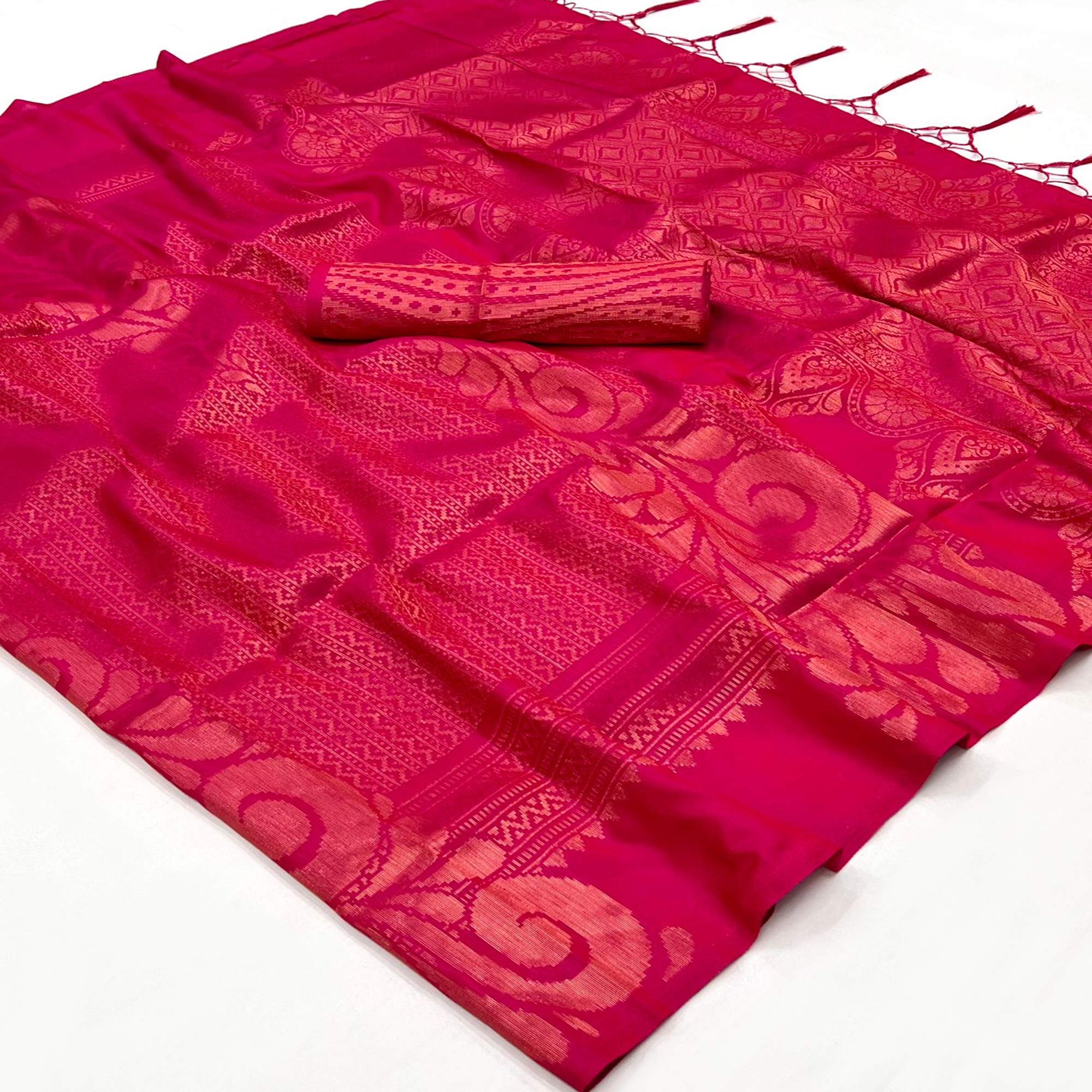 Pink Woven Art Silk Saree With Tassels