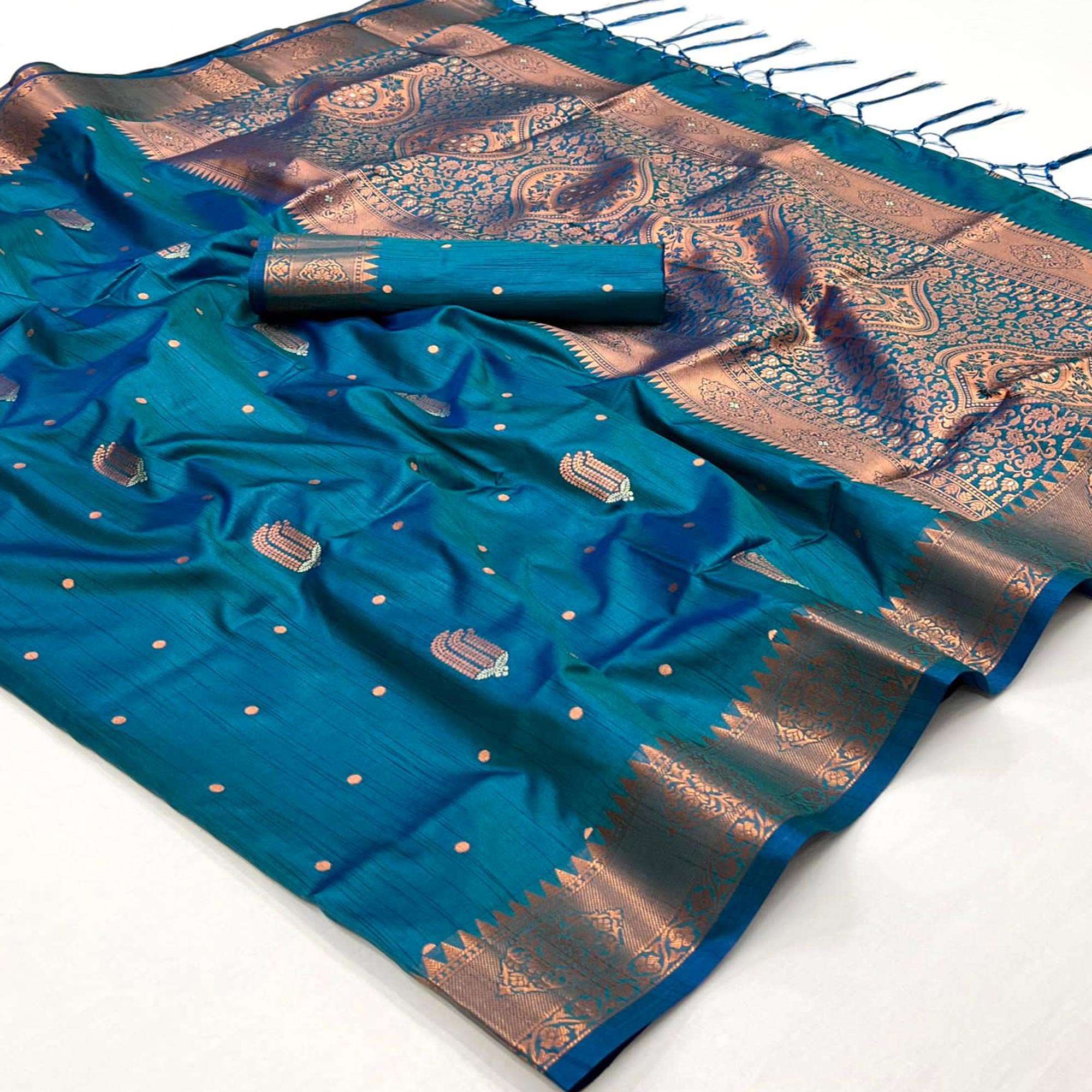 Teal Blue Woven Cotton Silk Saree With Tassels