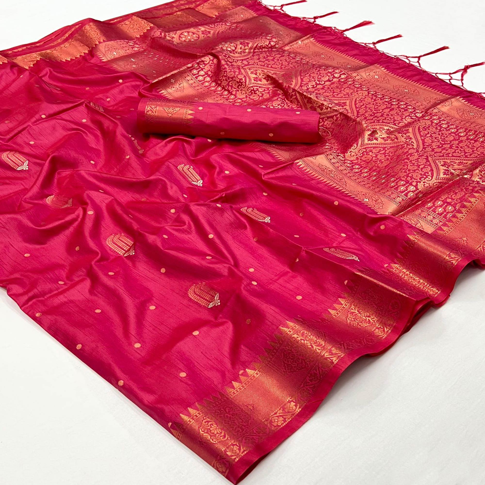 Pink Woven Cotton Silk Saree With Tassels