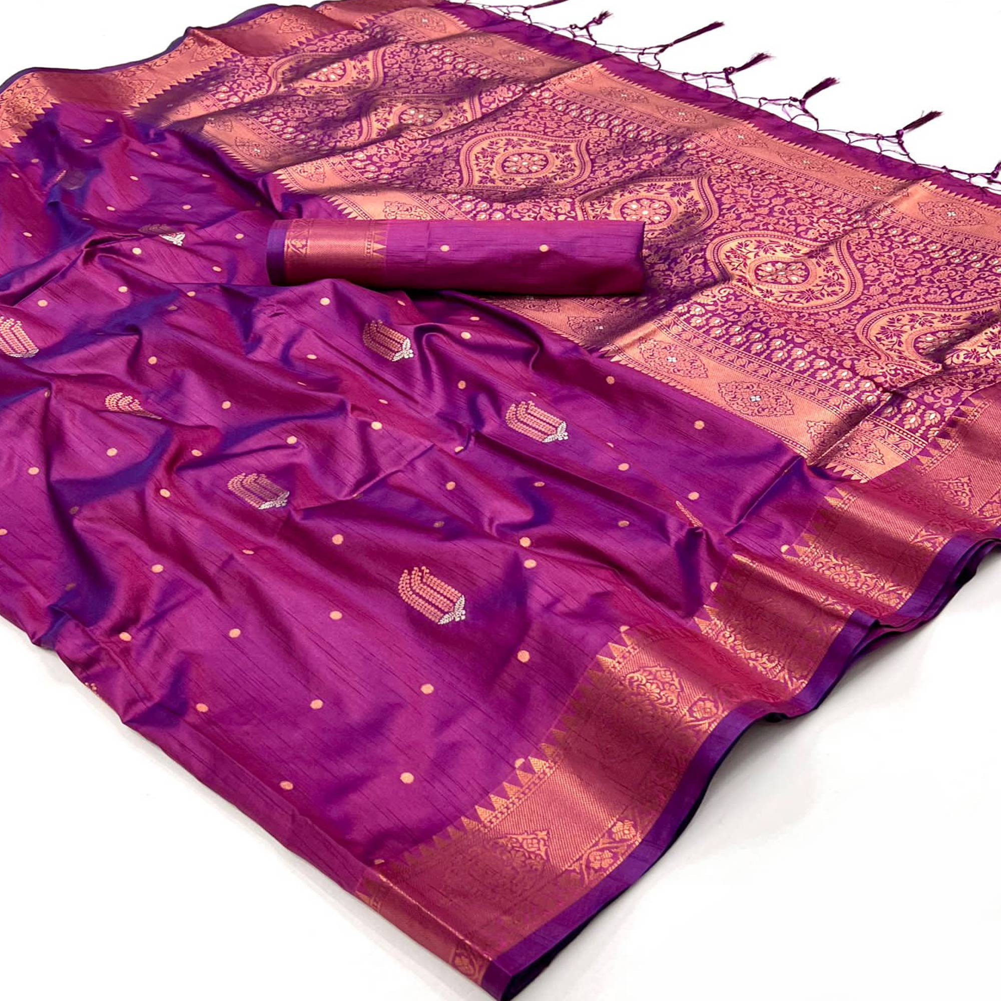 Purple Woven Cotton Silk Saree With Tassels