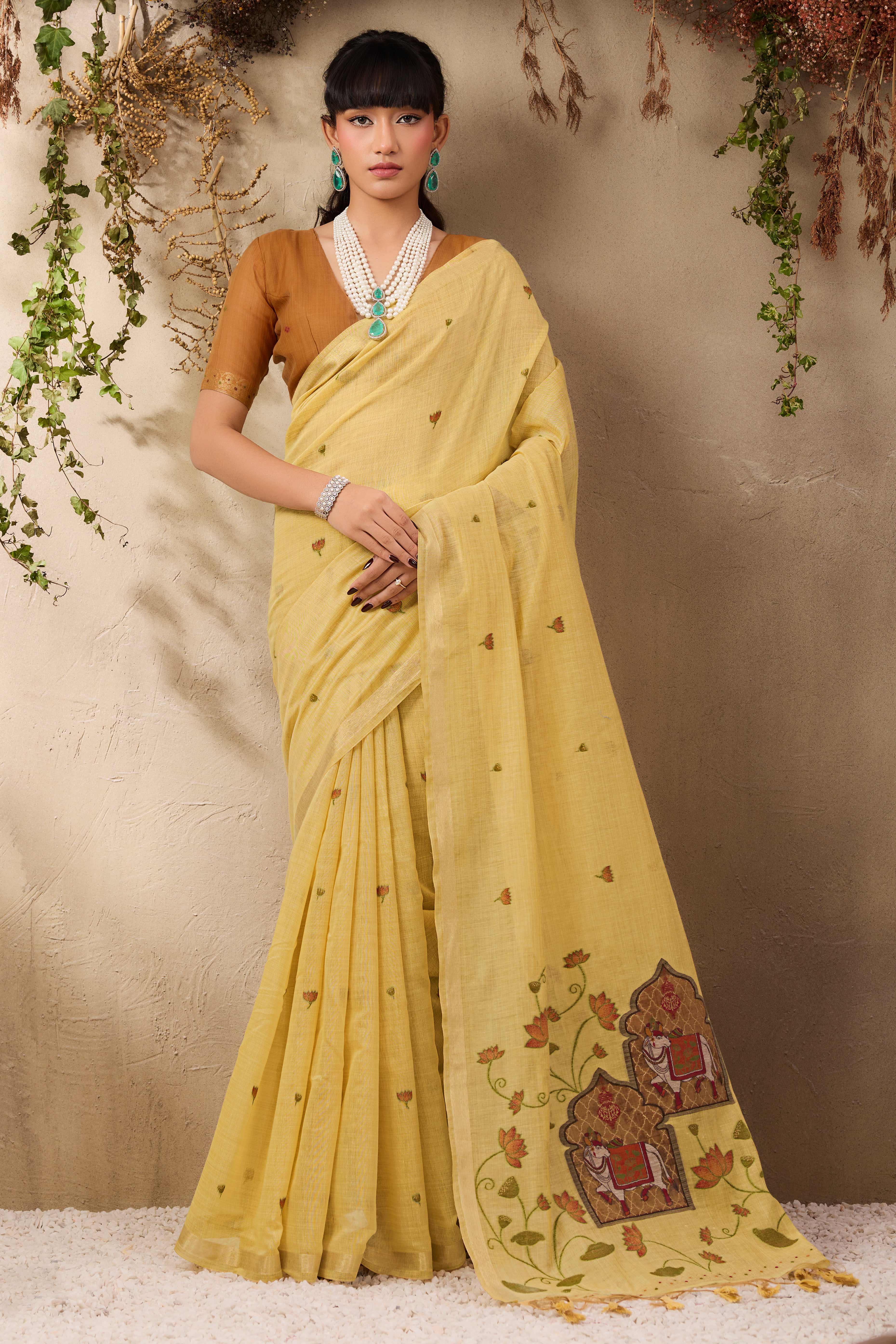 Yellow Lightweight Handloom Munga Cotton Blend Saree Accented with Floral Woven Motifs