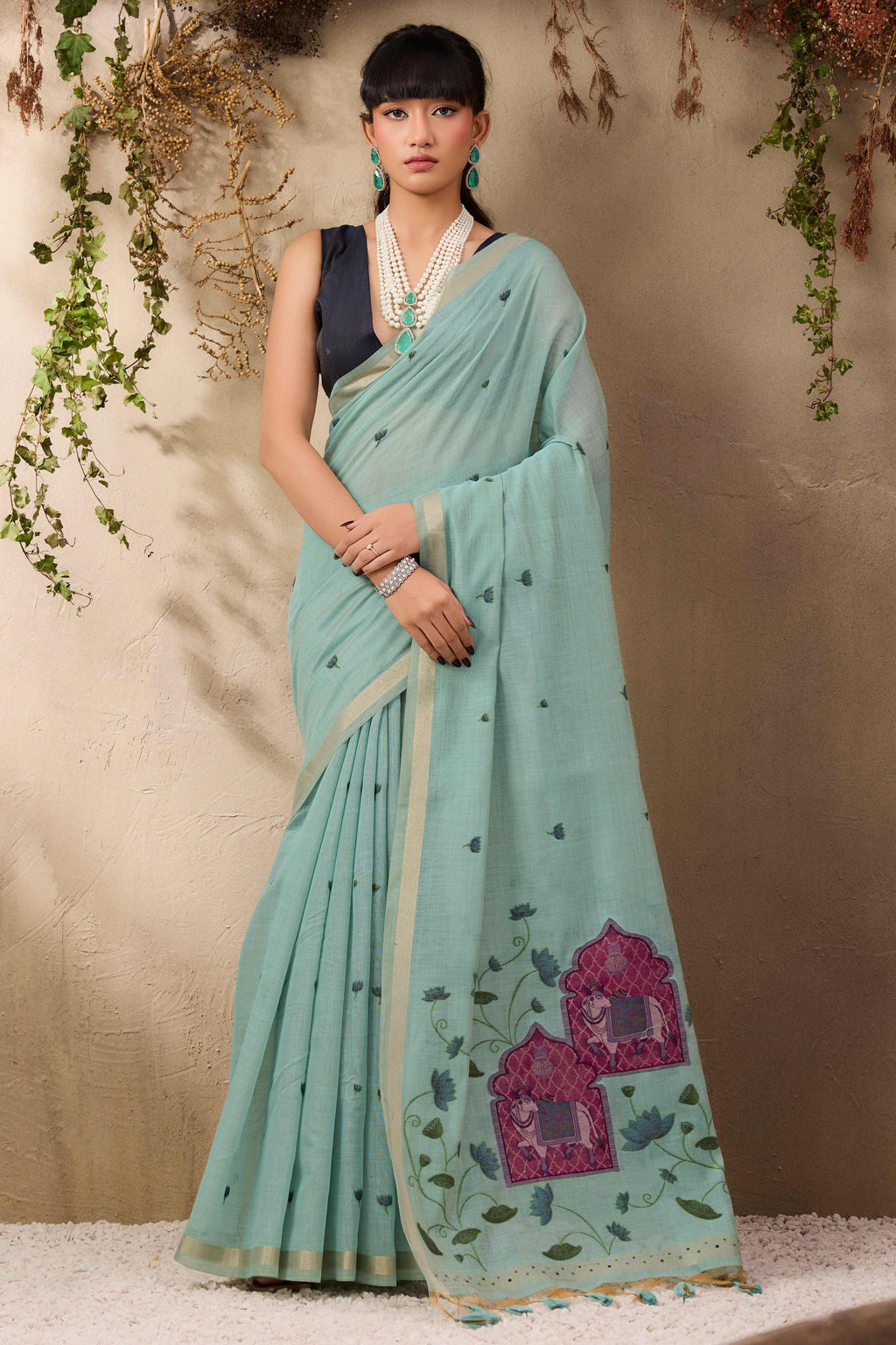 Sea Green Lightweight Handloom Munga Cotton Blend Saree Accented with