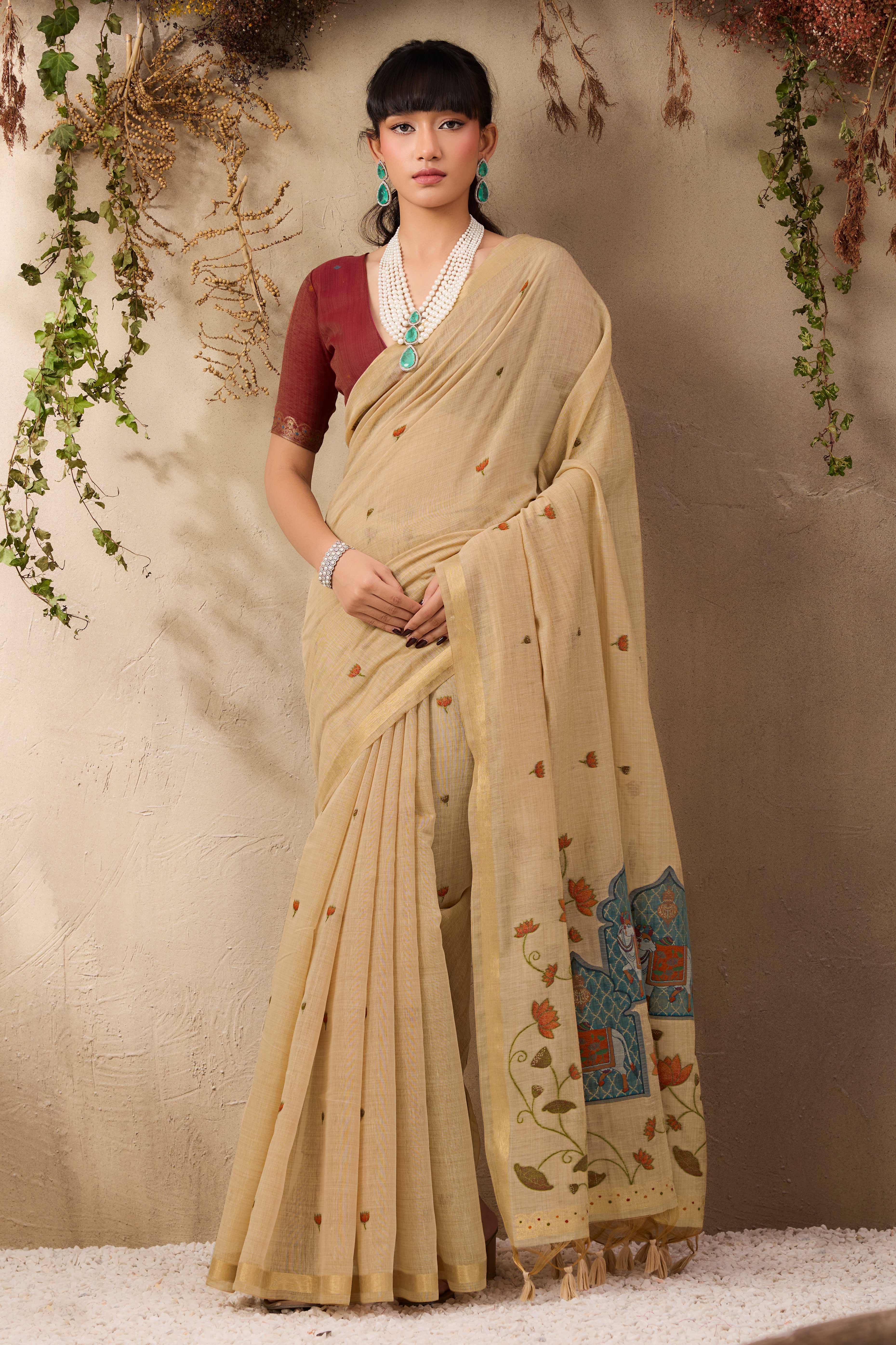 Beige Lightweight Handloom Munga Cotton Blend Saree Accented with Floral Woven Motifs