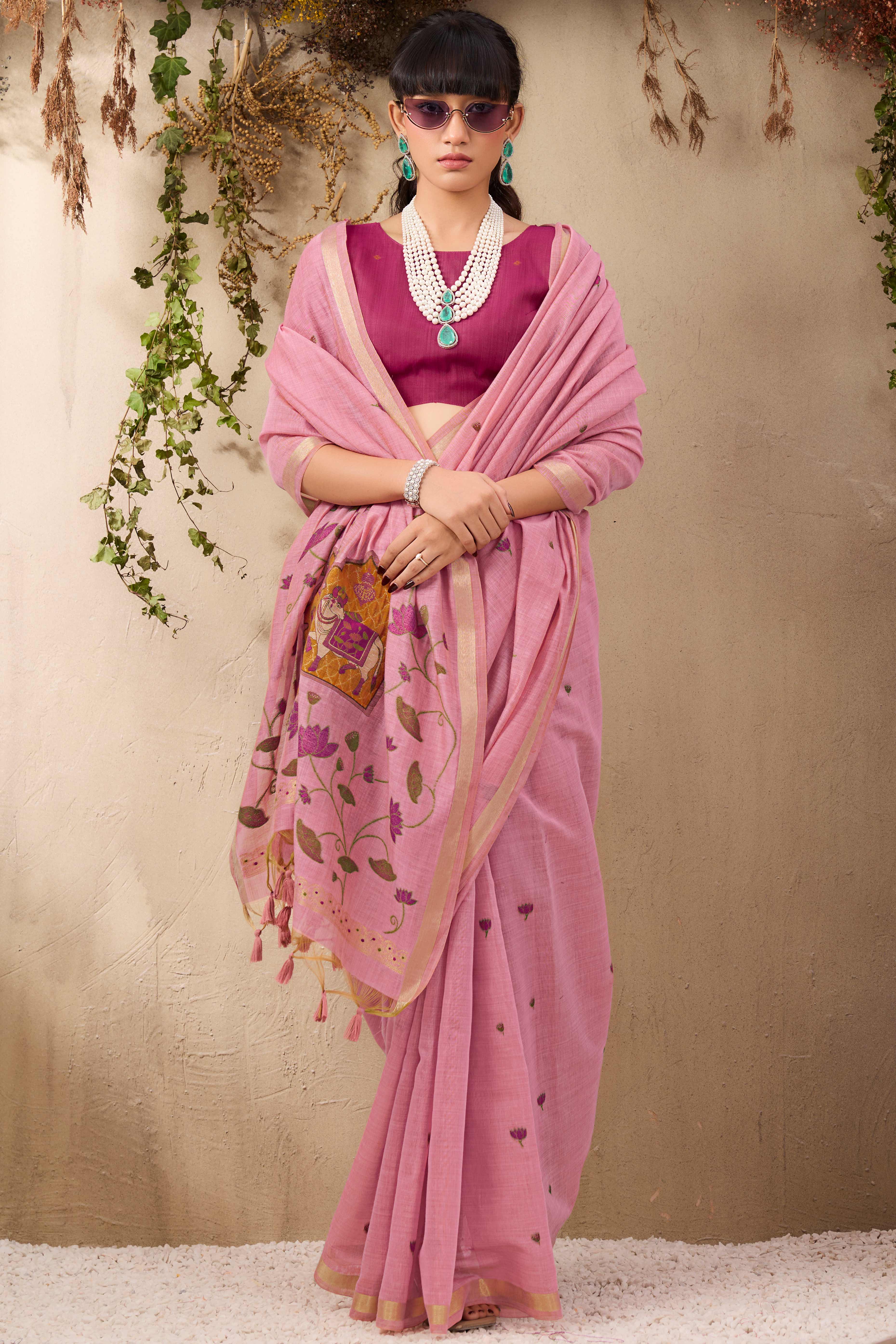 Pink Lightweight Handloom Munga Cotton Blend Saree Accented with Floral Woven Motifs