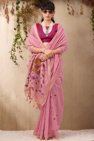 Pink Lightweight Handloom Munga Cotton Blend Saree Accented with Floral Woven Motifs