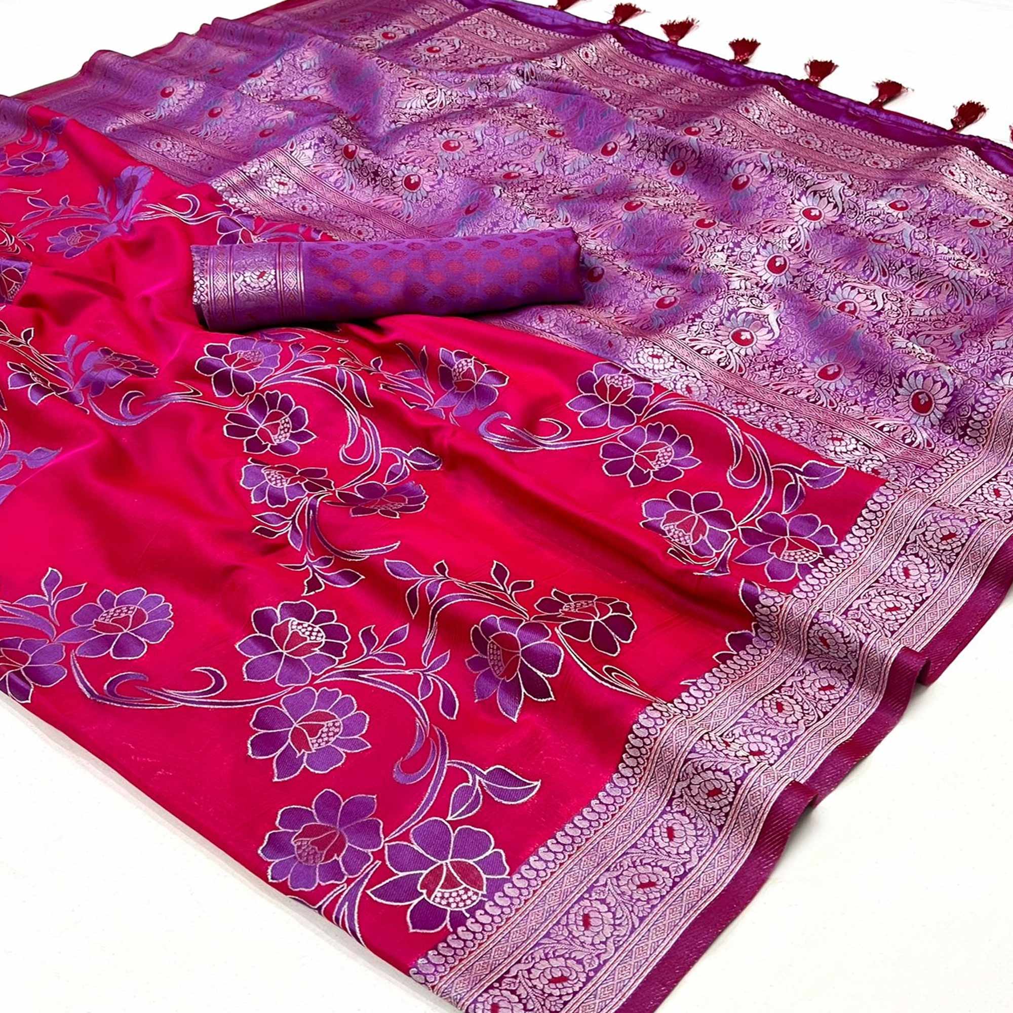 Pink Floral Woven Satin Saree With Tassels