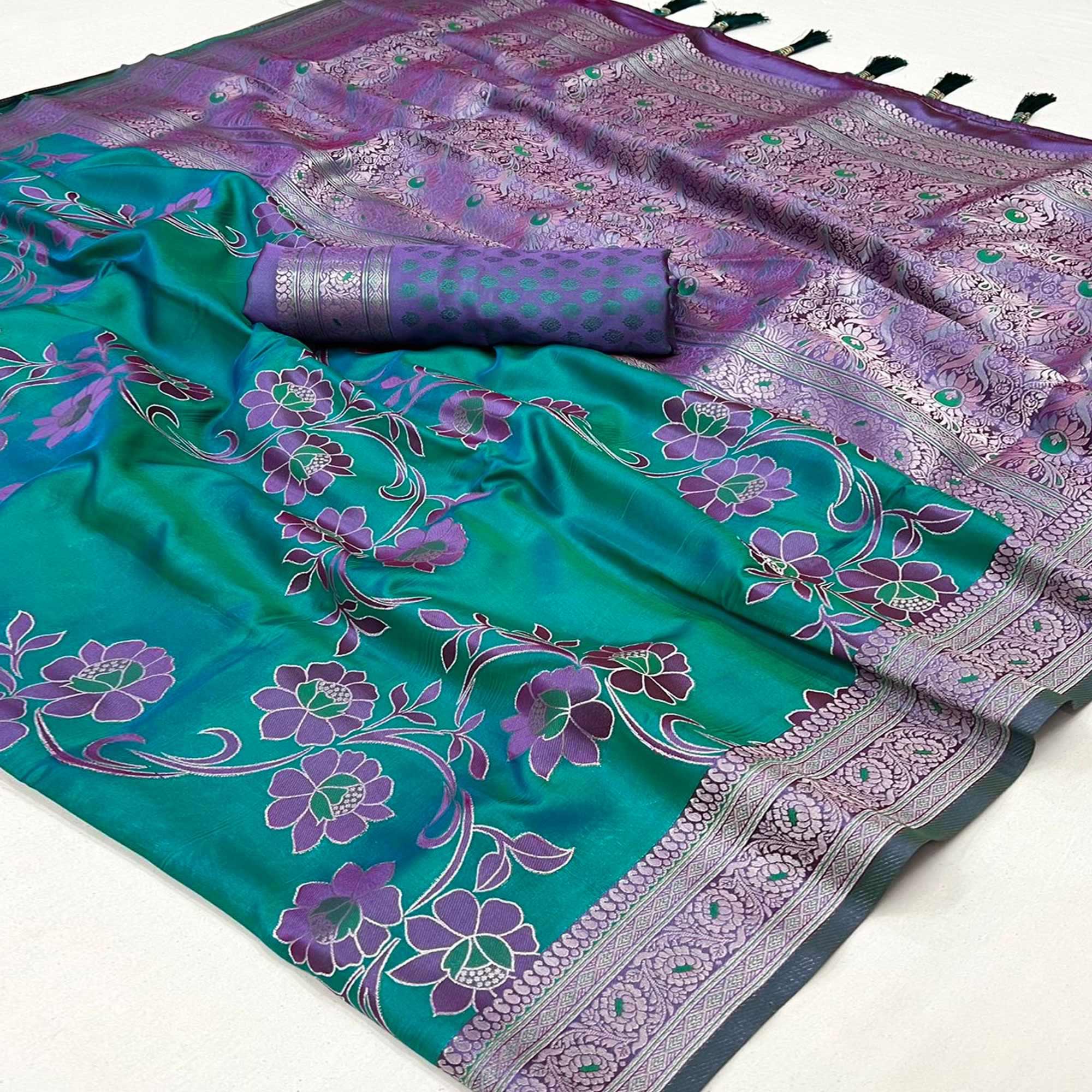 Rama Blue Floral Woven Satin Saree With Tassels