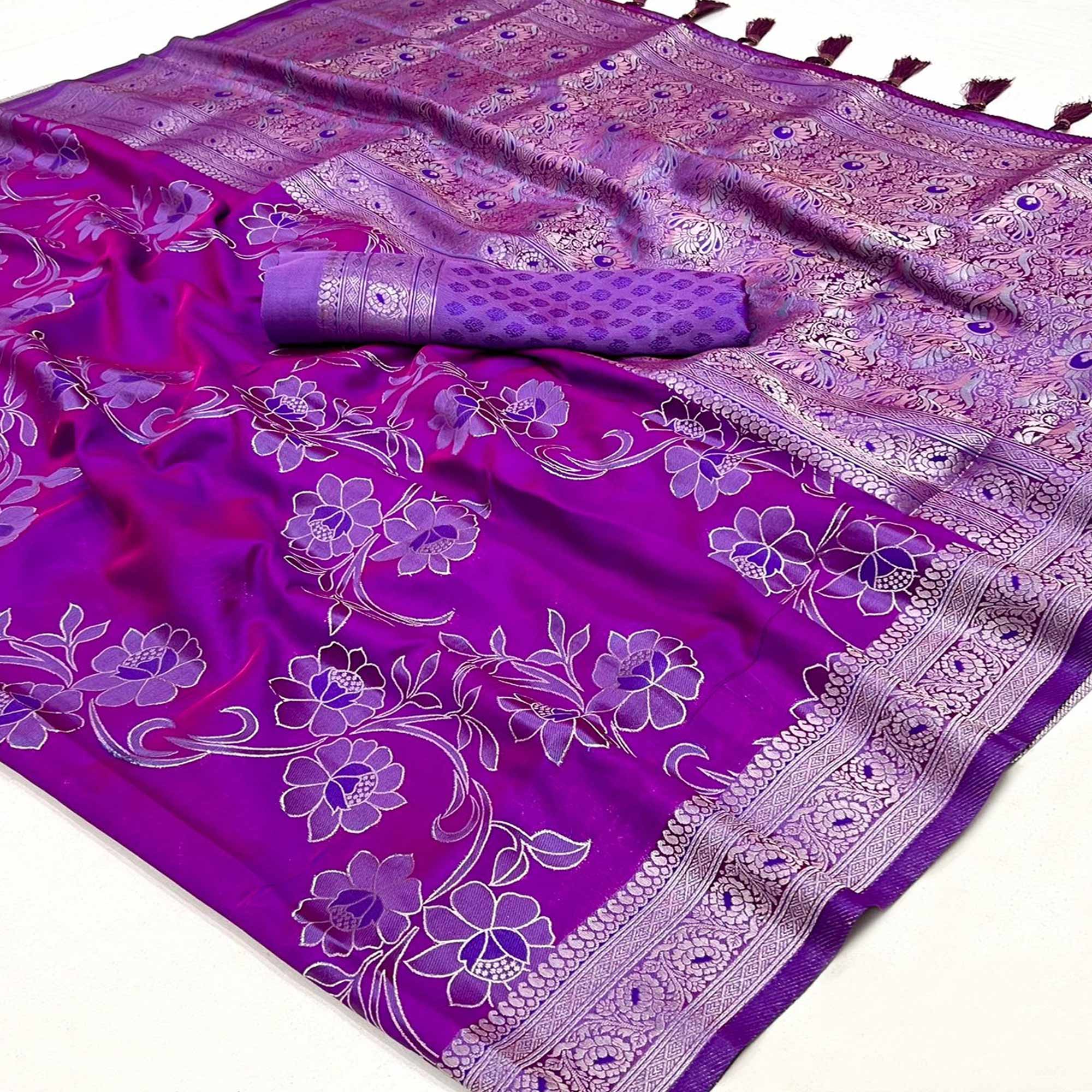 Purple Floral Woven Satin Saree With Tassels