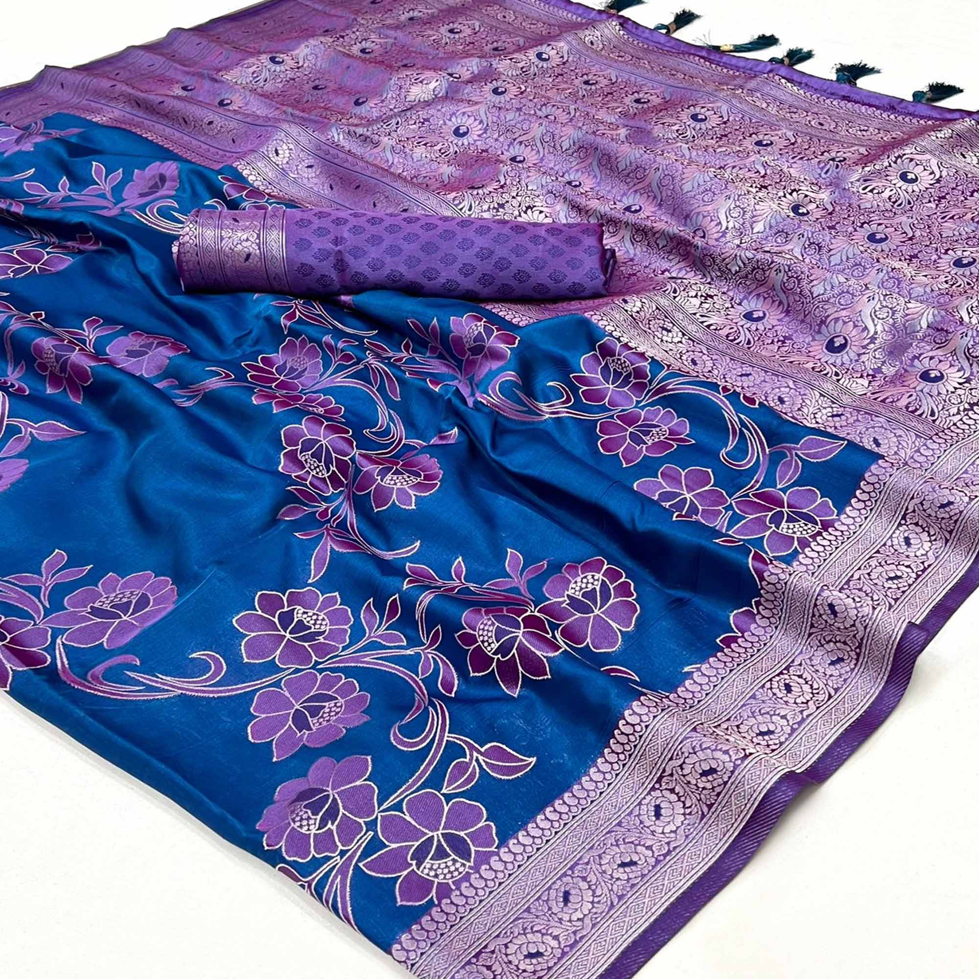 Blue Floral Woven Satin Saree With Tassels