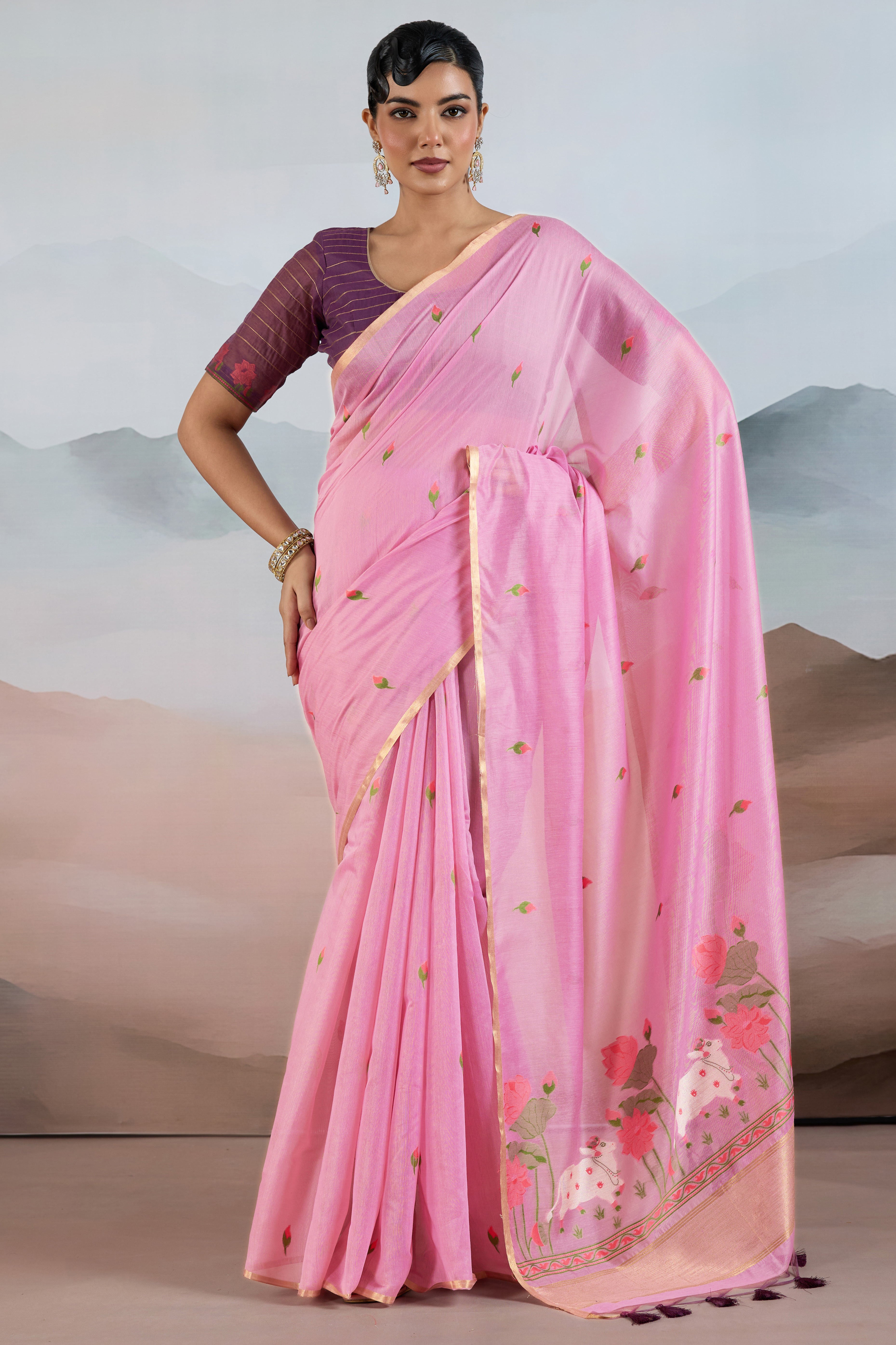 Trendy Pink Cotton Blend Weaving Saree Showcasing Floral & Animal Motif & Classic Tassel Pallu