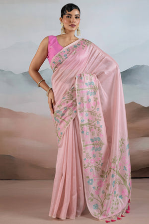 Pink Tissue Silk Saree Showcasing Floral & Striped Weaving With Tassel Adornment