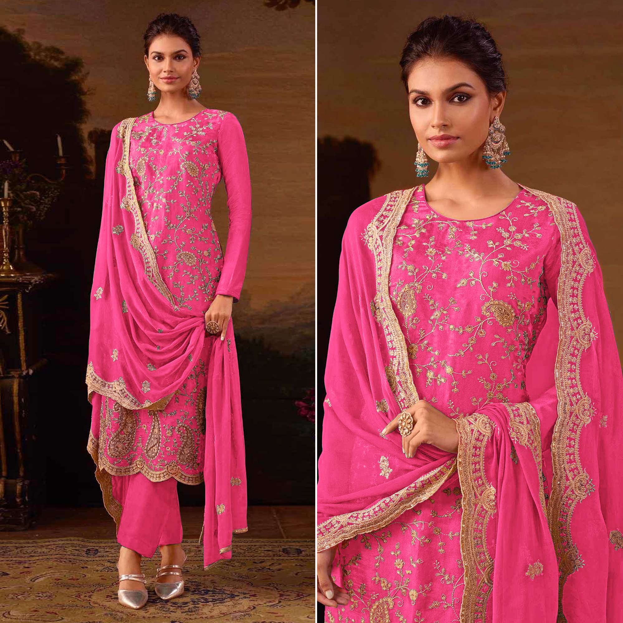 Pink Floral Sequins Embroidered Georgette Semi Stitched Salwar Suit