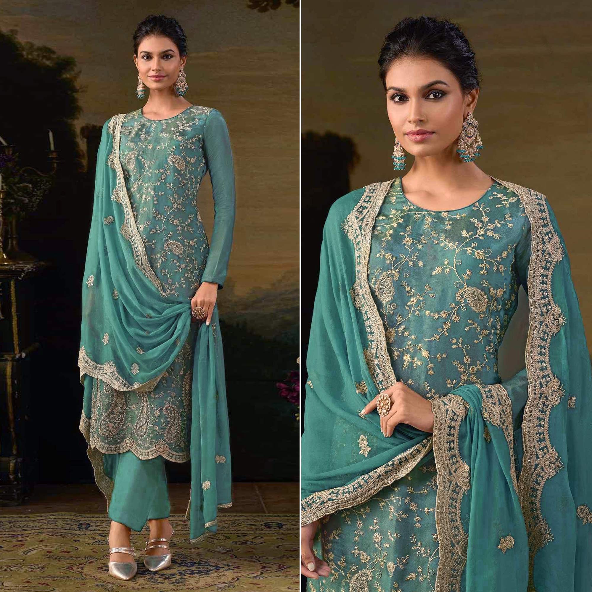 Rama Green Floral Sequins Embroidered Georgette Semi Stitched Salwar Suit