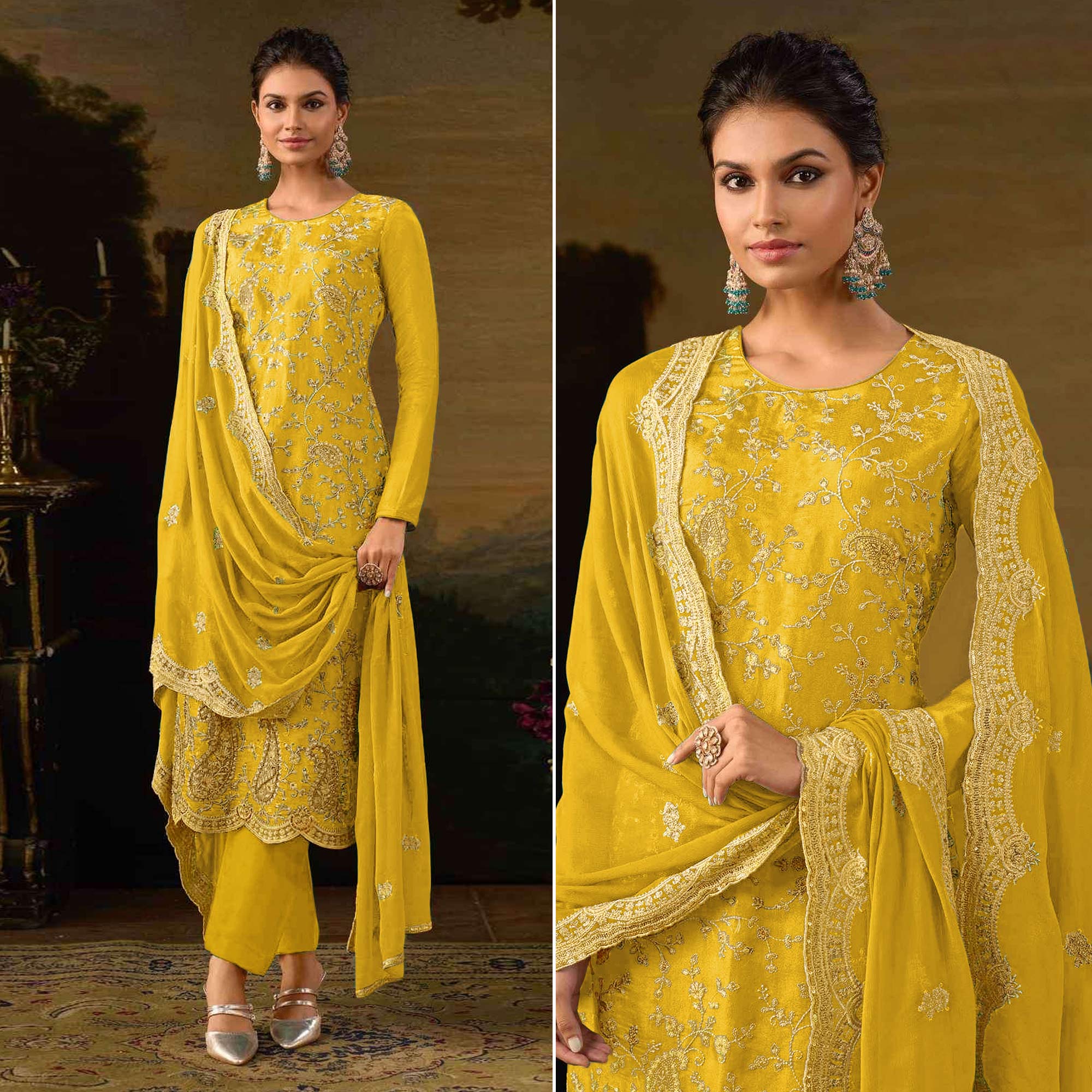 Yellow Floral Sequins Embroidered Georgette Semi Stitched Salwar Suit