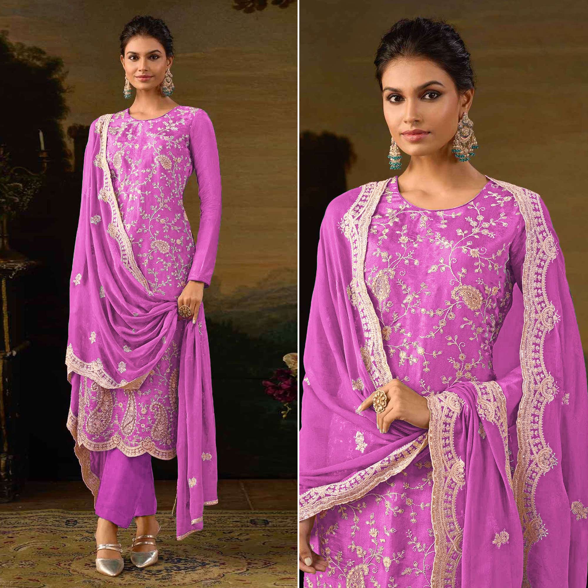 Purple Floral Sequins Embroidered Georgette Semi Stitched Salwar Suit