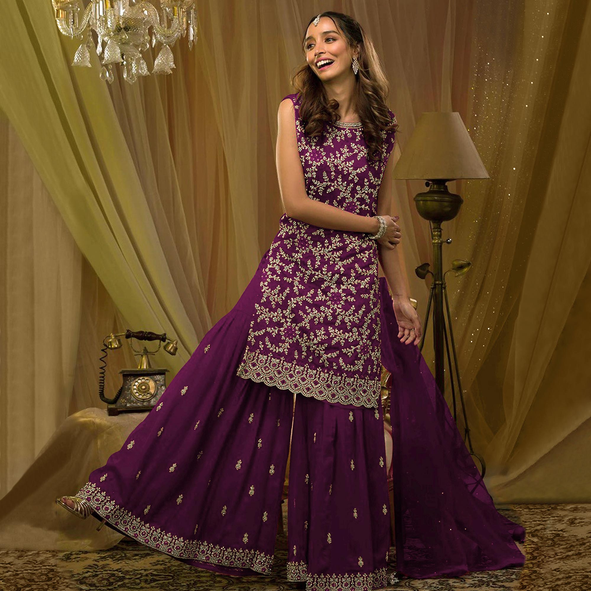 Purple Sequins Embroidered Georgette Semi Stitched Sharara Suit
